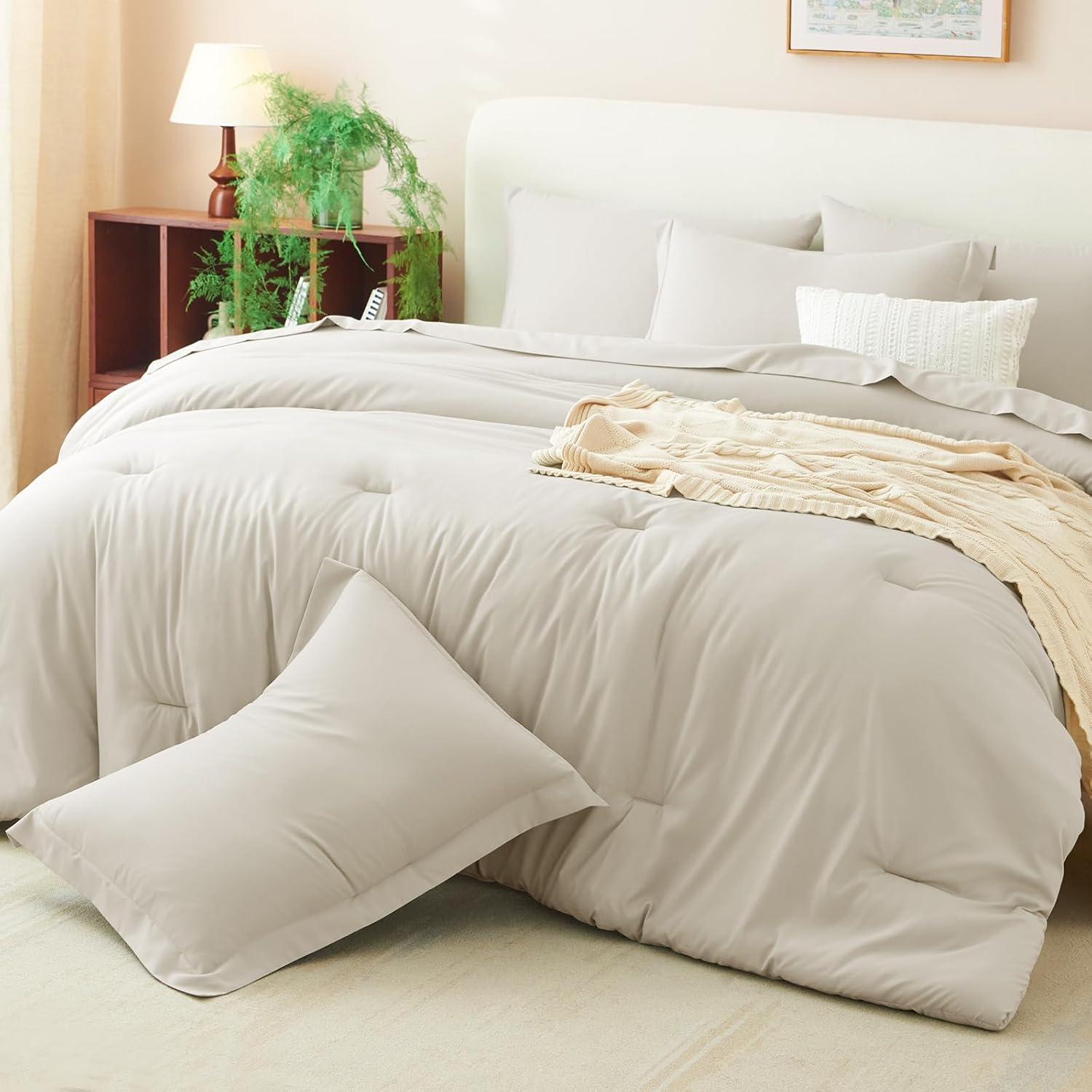 CozyLux Queen Comforter Set Beige, 7 Pieces Bed in a Bag Soft Bedding Comforter Set with Sheets, All Season Boho 7PC Bed Sets with Comforter, Fitted Sheets, Flat Sheets, Pillow Shams and Pillowcases