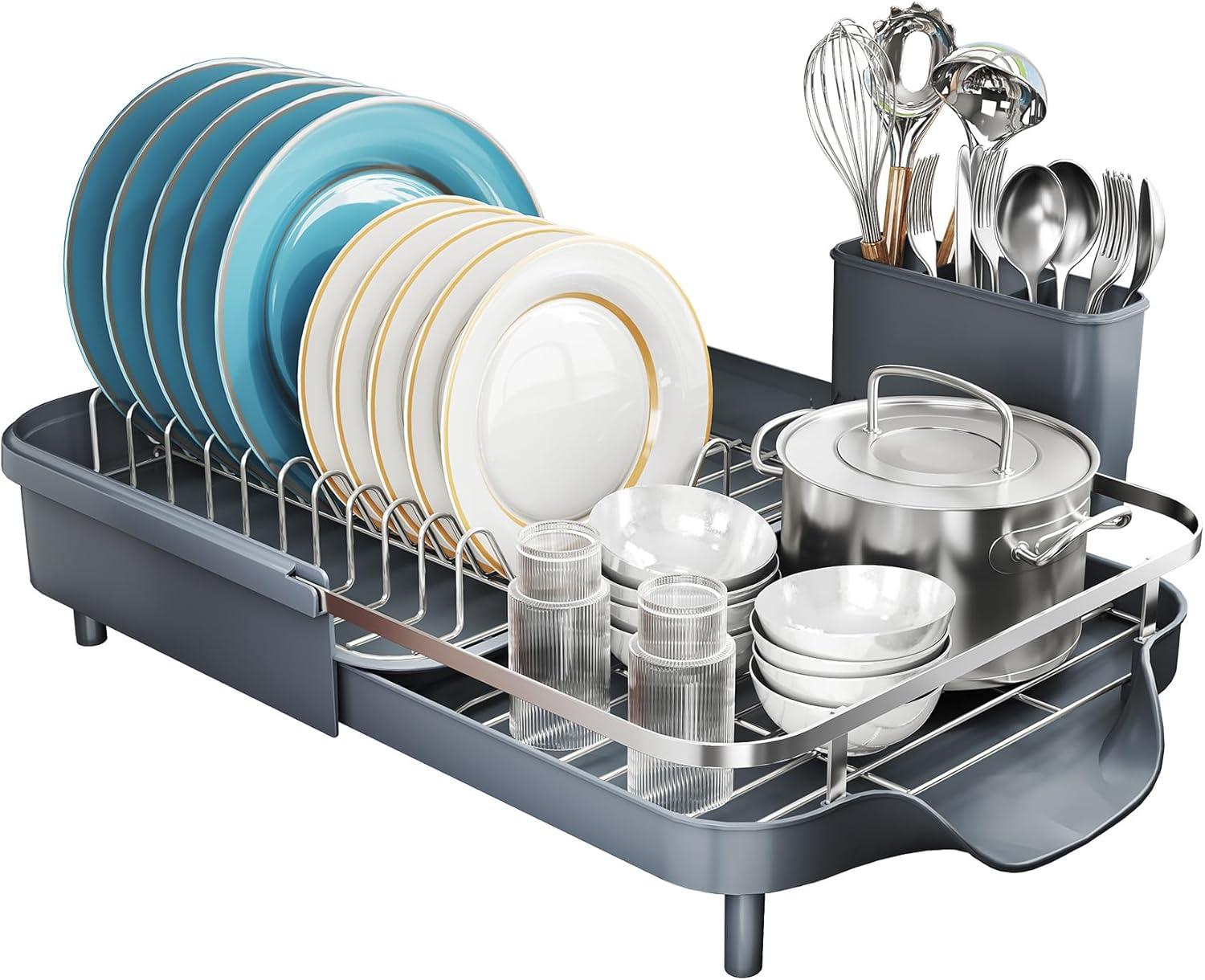 Anadea Dish Drying Rack, Expandable Dish Rack For Kitchen Counter, Stainless Steel Dish Drainer With Drainboard Set And Utensil Holder