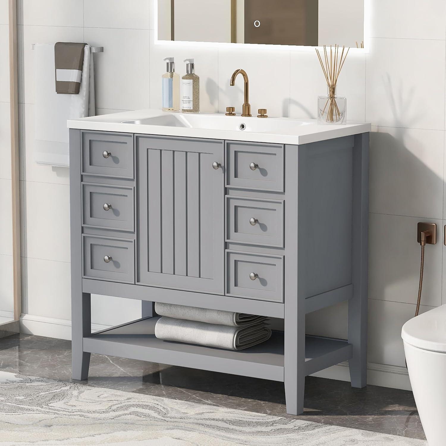 Grey 36" Freestanding Bathroom Vanity with Ceramic Sink and Storage