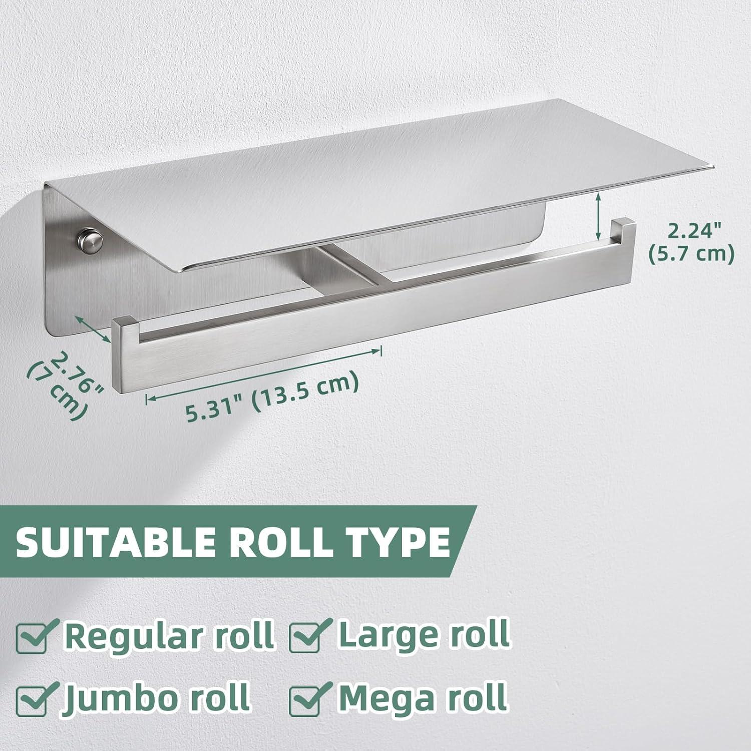 Double Toilet Paper Holder with Shelf Brushed Nickel, Modern Bathroom Accessories SUS 304 Stainless Steel Commercial Tissue Roll Dispenser Mobile Phone Storage Rack Handy Use