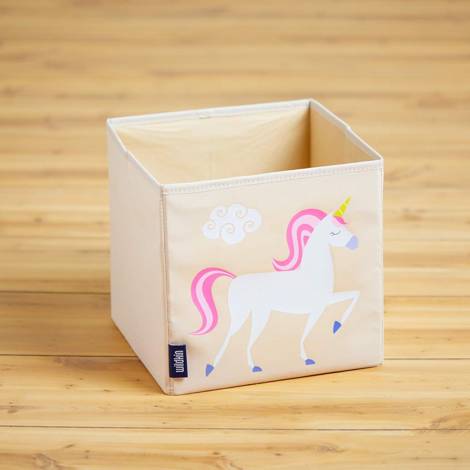 Unicorn Print Beige Fabric Collapsible Kids Storage Cube