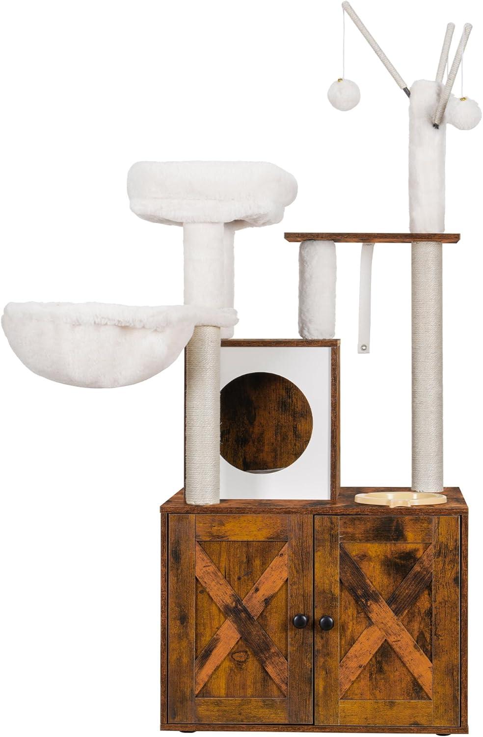 Wood Litter Box Enclosure with Food Station, All-in-one Indoor Cat Furniture with Large Platform and Condo