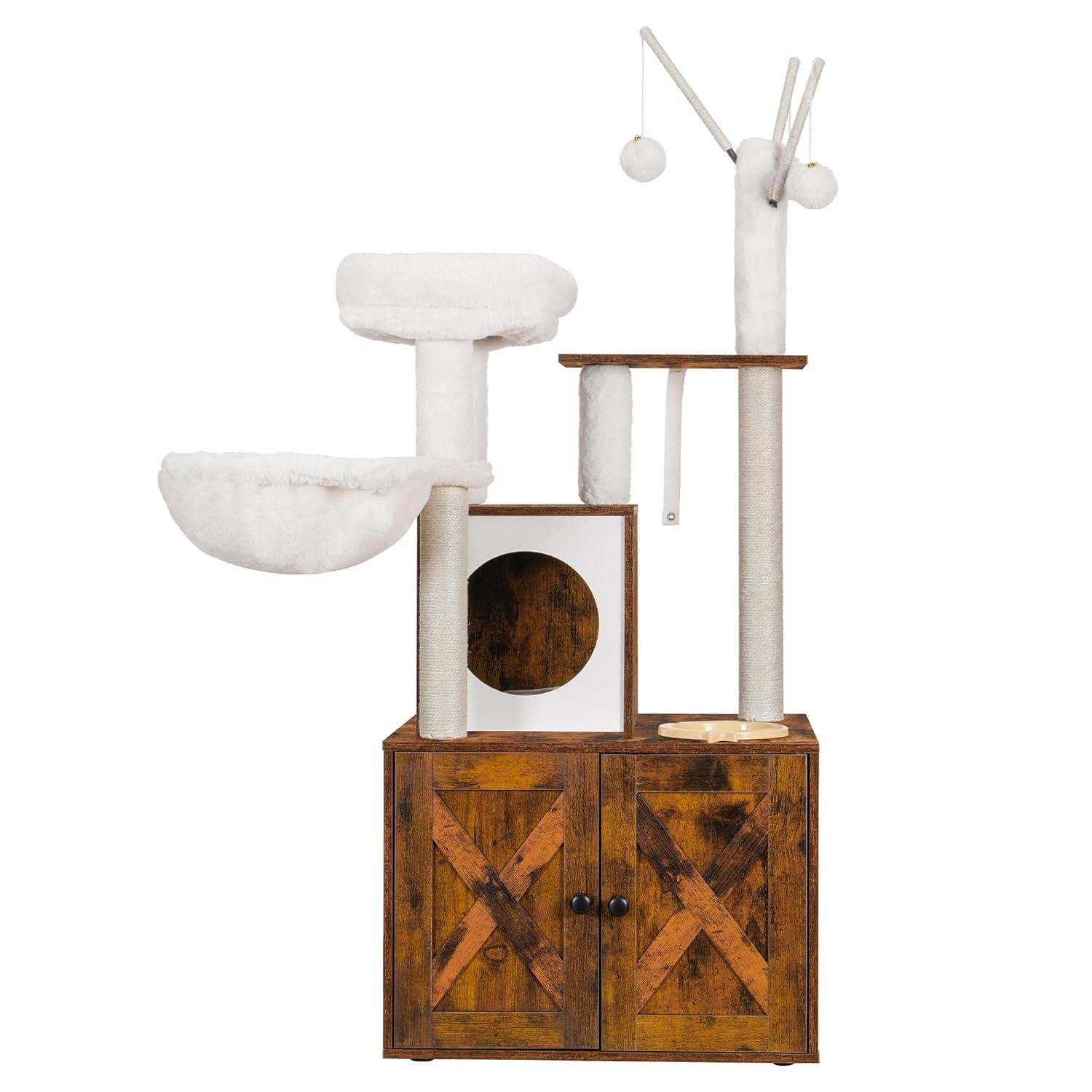 Wood Litter Box Enclosure with Food Station, All-in-one Indoor Cat Furniture with Large Platform and Condo