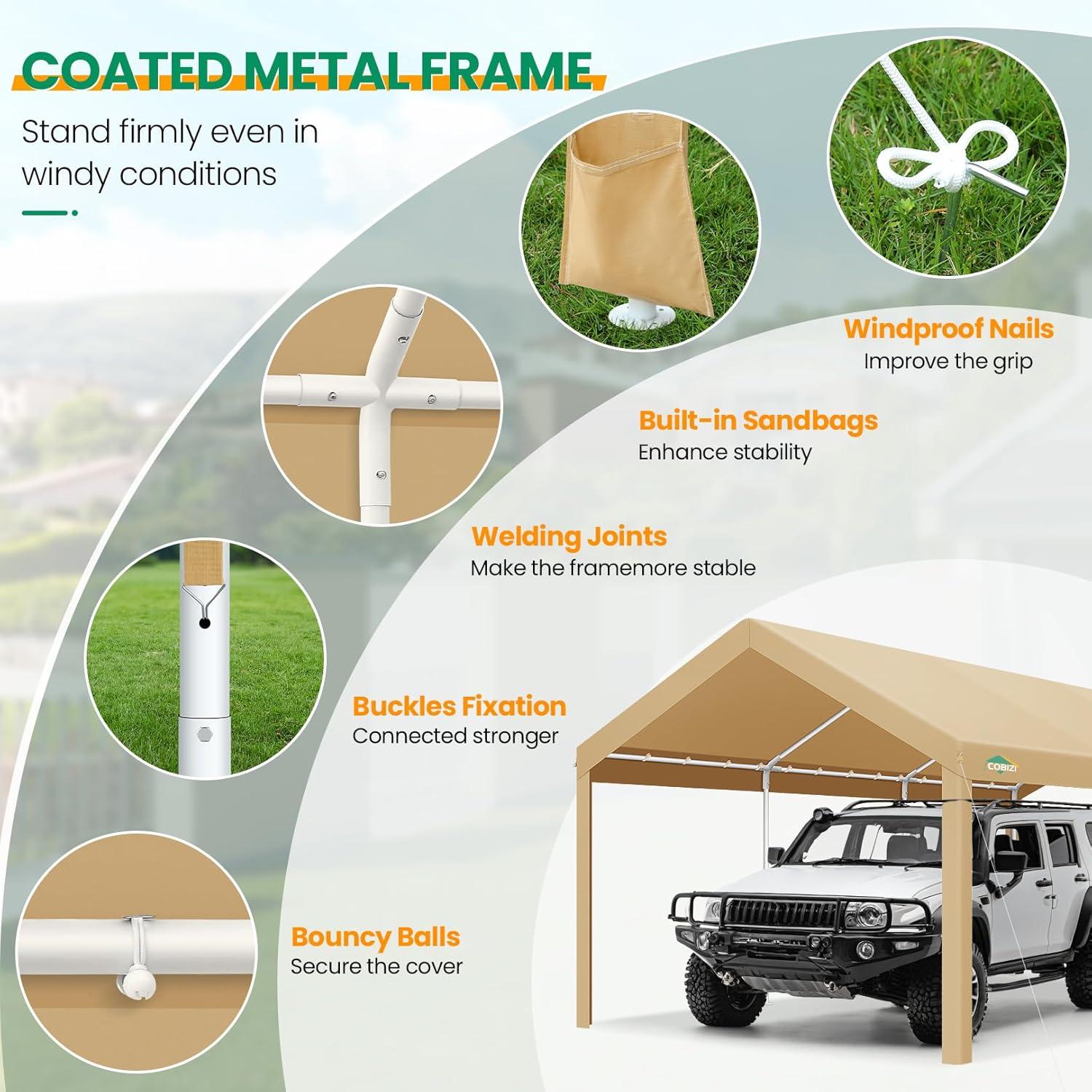 Cobizi Carport 10'x20' Heavy Duty Portable Garage, Upgraded Car Canopy