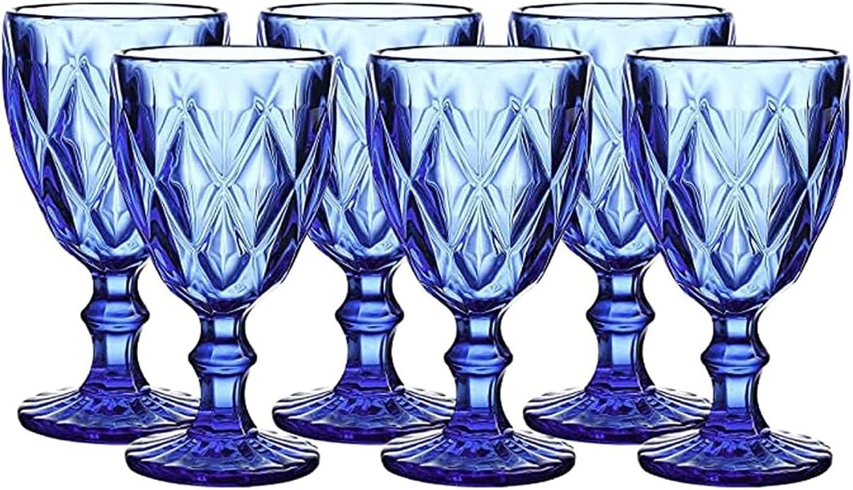 WHOLE HOUSEWARES 9.5 Oz Blue Colored Vintage Glass Drinkware Set | Set of 6, Cobalt Blue