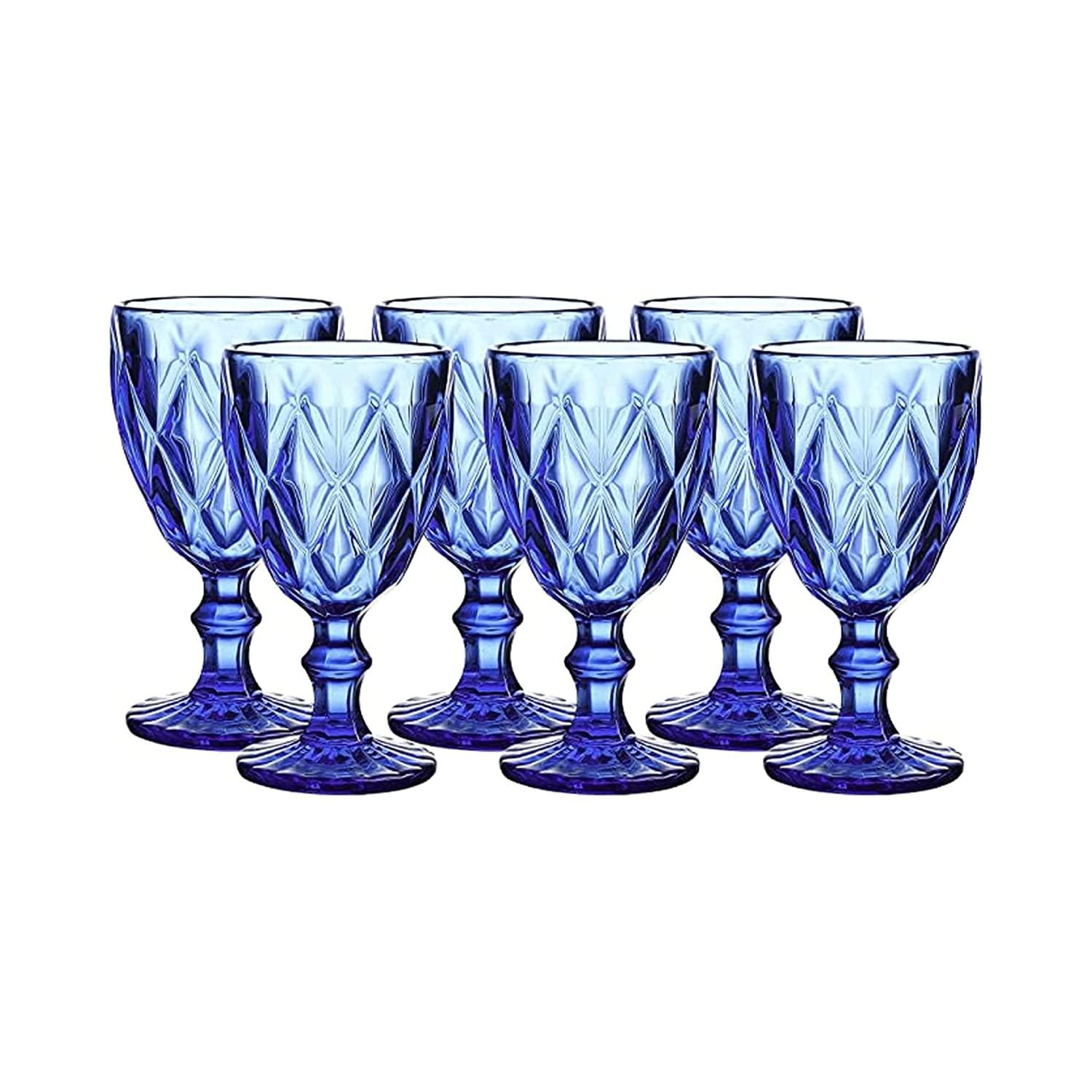 WHOLE HOUSEWARES 9.5 Oz Blue Colored Vintage Glass Drinkware Set | Set of 6, Cobalt Blue