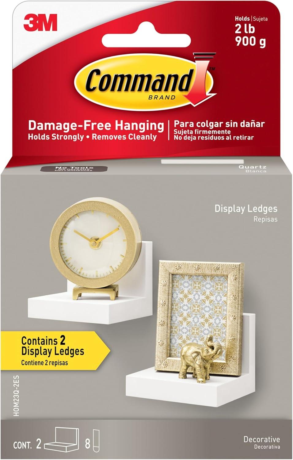 Command Display Ledges White: Floating Wall Shelf Set, 2 Picture Ledges, Off-White, Plastic, No Tools Needed