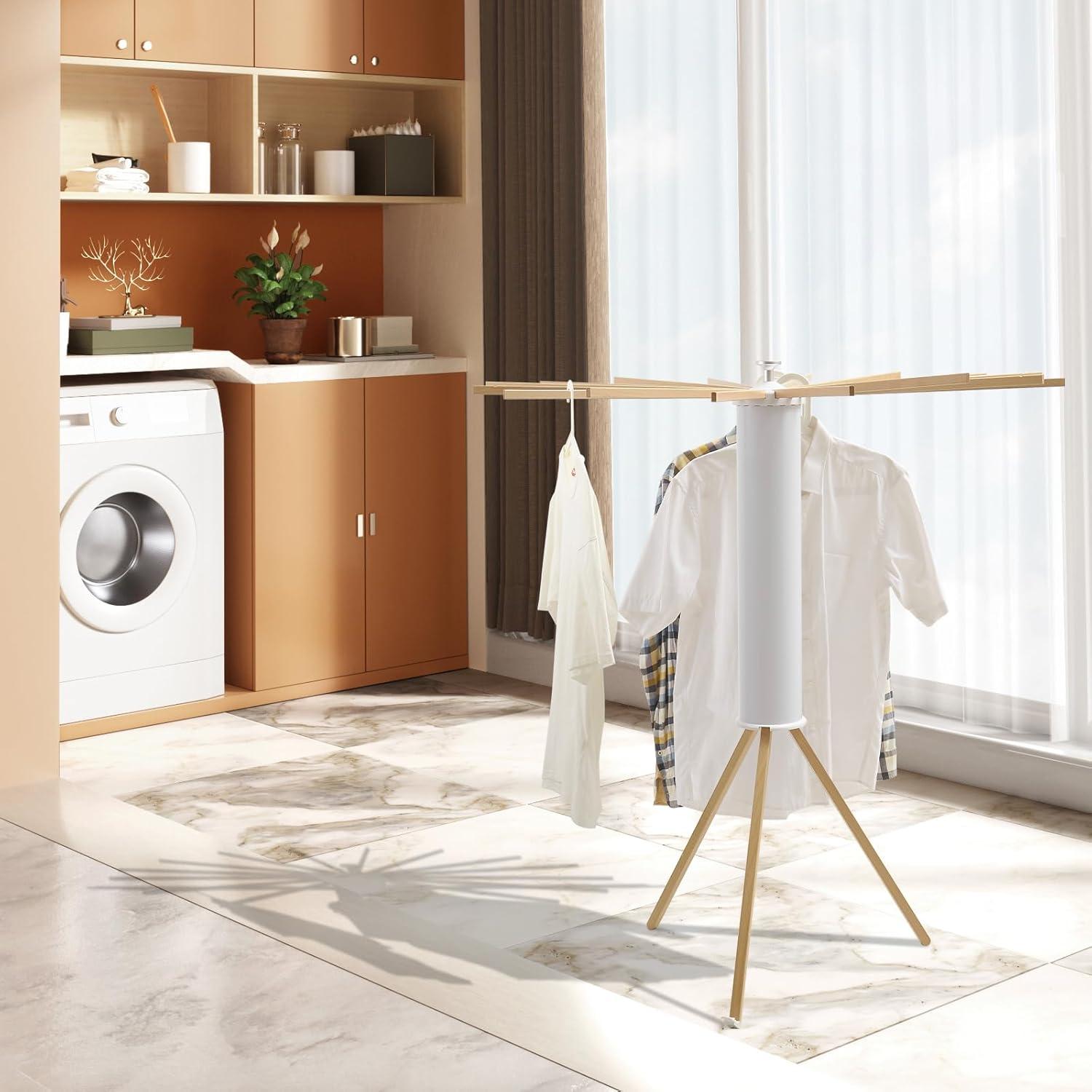 White and Natural Wood Foldable Tripod Clothes Drying Rack