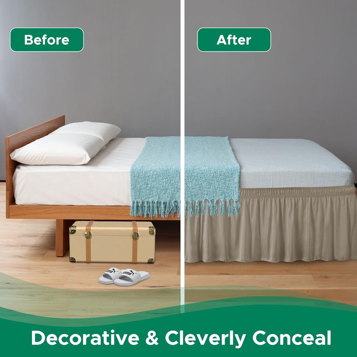 Biscaynebay Wrap Around Bed Skirts for King & Cal King Beds 15" Drop, Taupe Adjustable Elastic Dust Ruffles Easy Fit Wrinkle & Fade Resistant Silky Luxurious Fabric Machine Washable