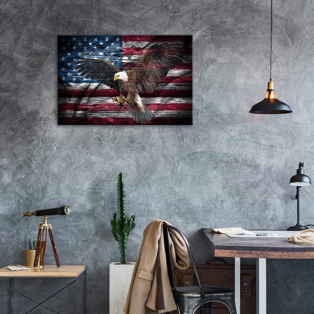 Urttiiyy Retro American Flag Bald Eagle USA Military Wall Art Canvas Prints Thin Blue Red Line Home Decor Pictures for Living Room Bedroom Painting Framed Ready to Hang