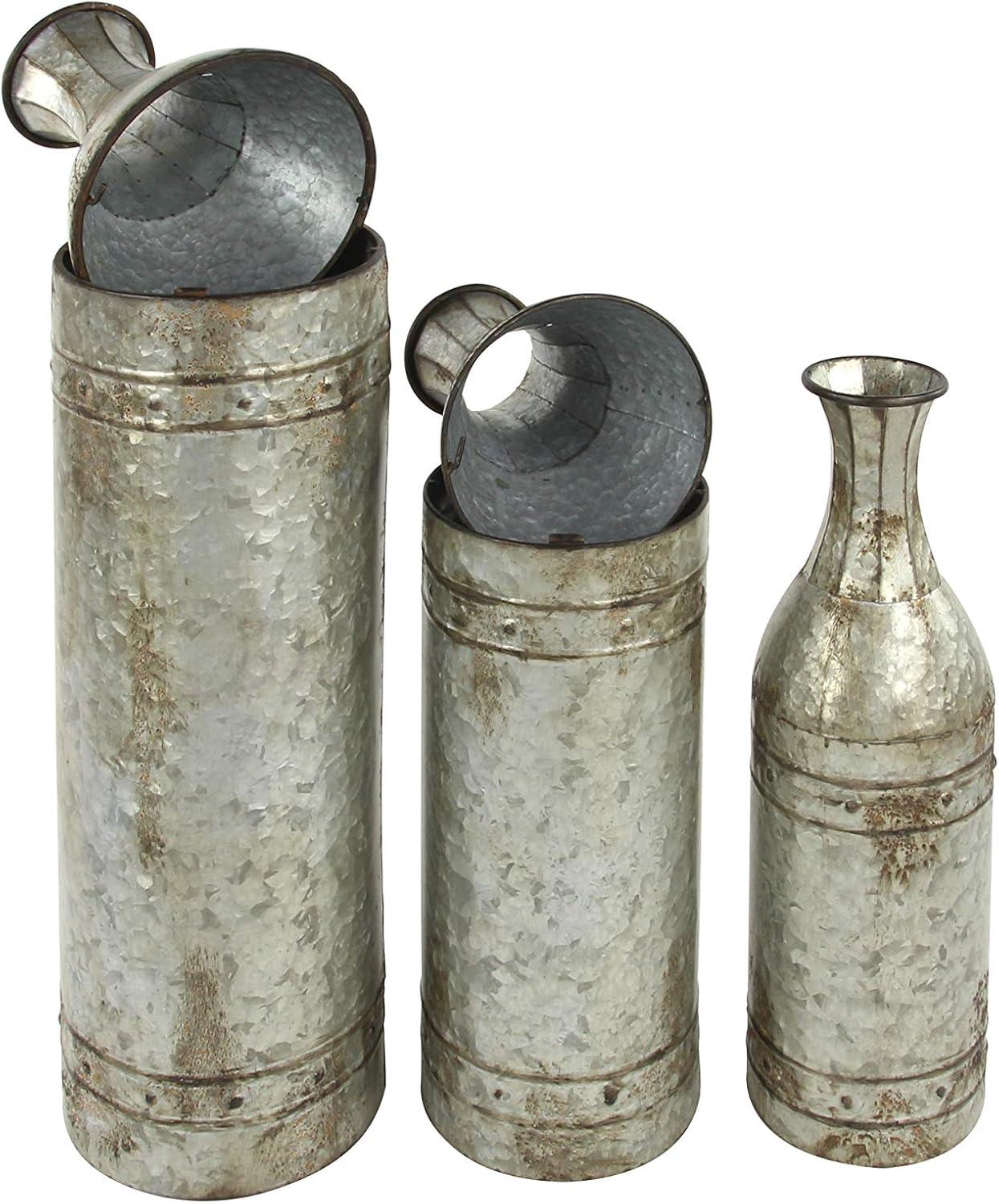 Galvanized Metal Cylinder Floor Vases, Set of 3, Farmhouse Decor