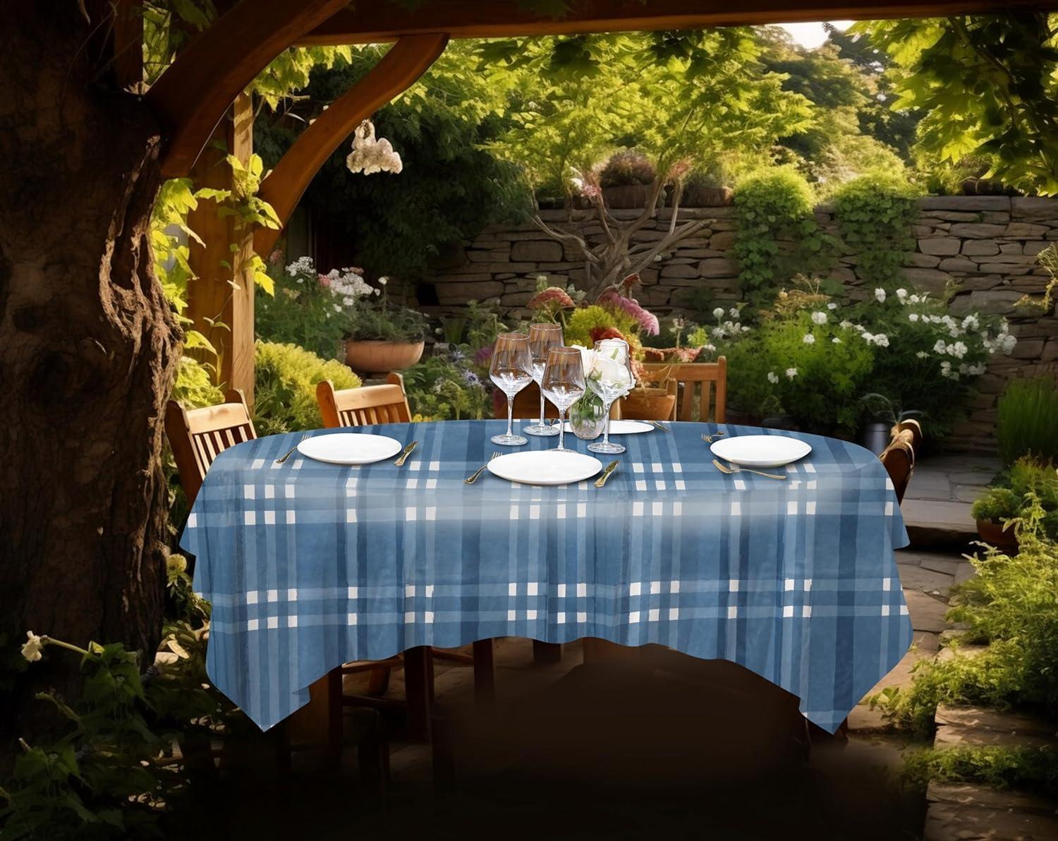 Blue Plaid Vinyl Round Tablecloth 60 Inch for Indoor Outdoor Gatherings