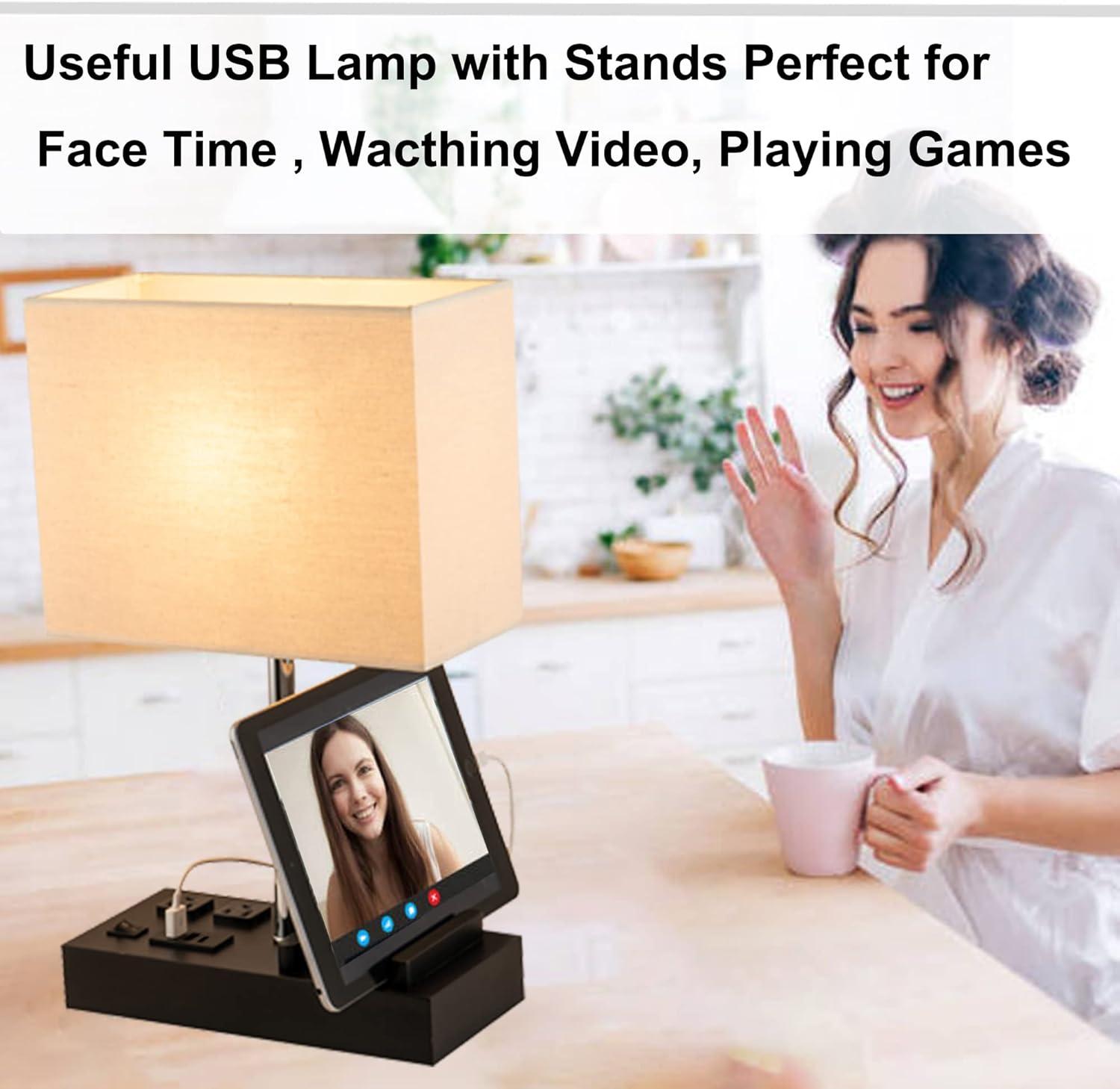 Modern Black Wood Table Lamp with USB and AC Charging Ports