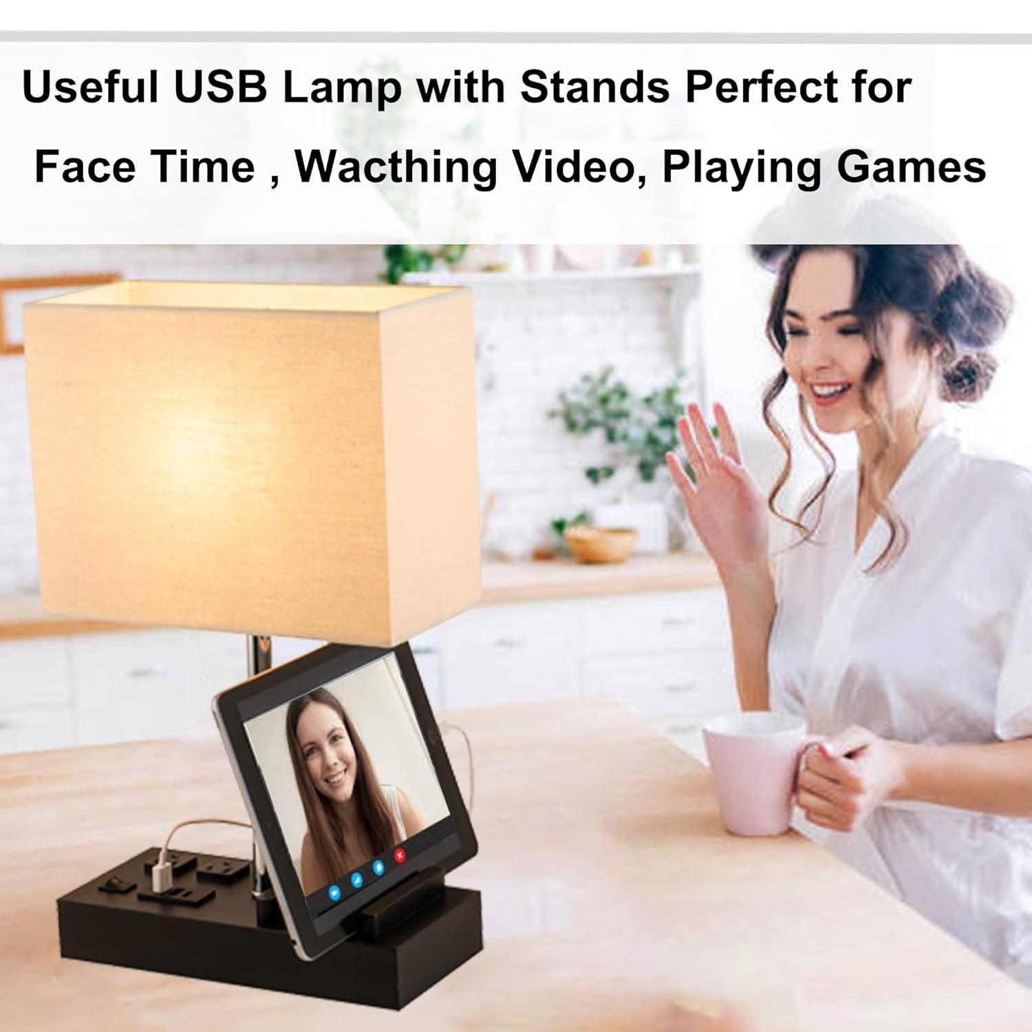 Briever Upgraded 3 USB Table Lamp with 2 USB A & C Charging Ports, Bedside Desk Lamp with 2 AC Outlets and Wooden Phone Stand Organizer, Ideal Nightstand Lamp for Bedroom, Guest Room, Office