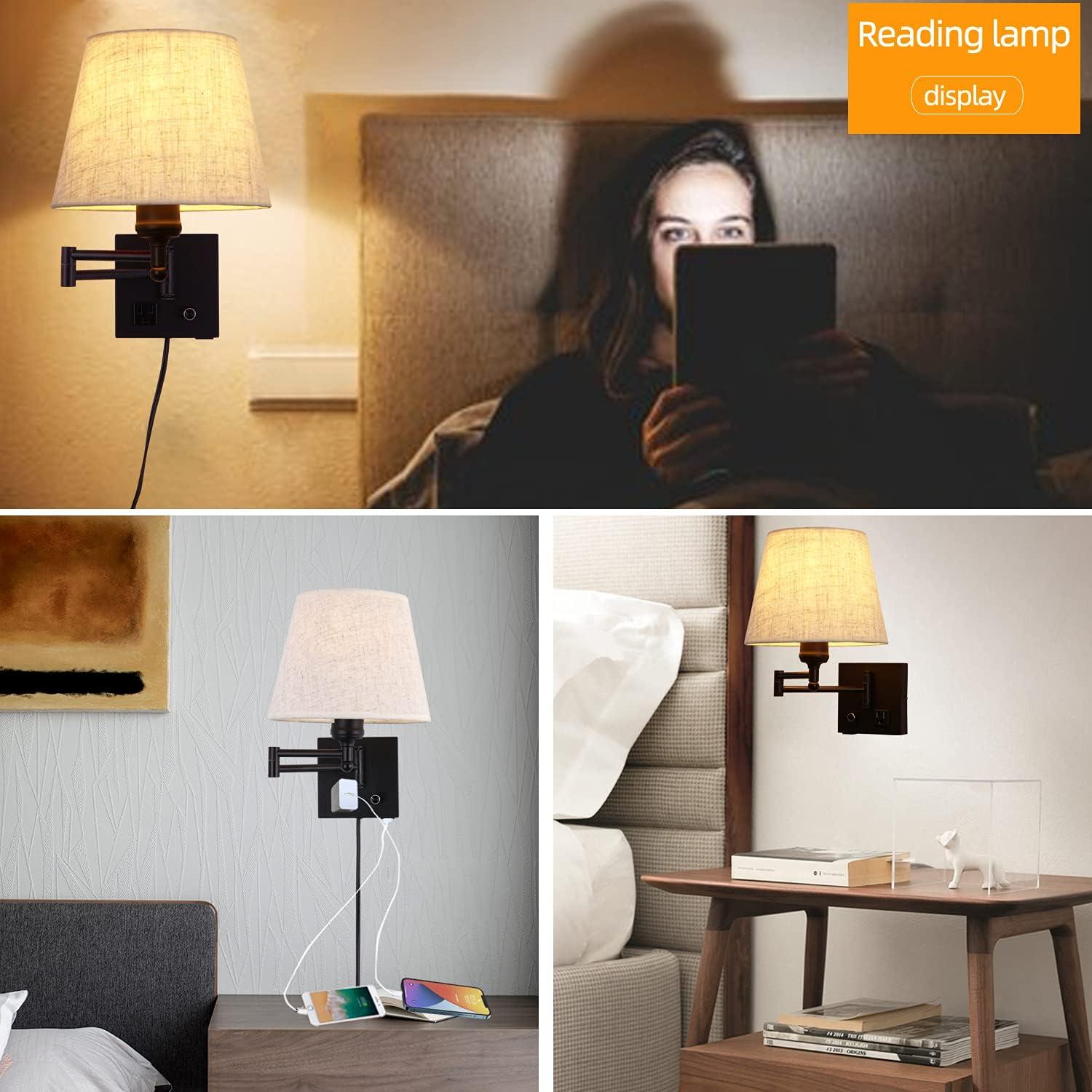 Black Swing Arm Wall Lamp with Fabric Shade and USB Port