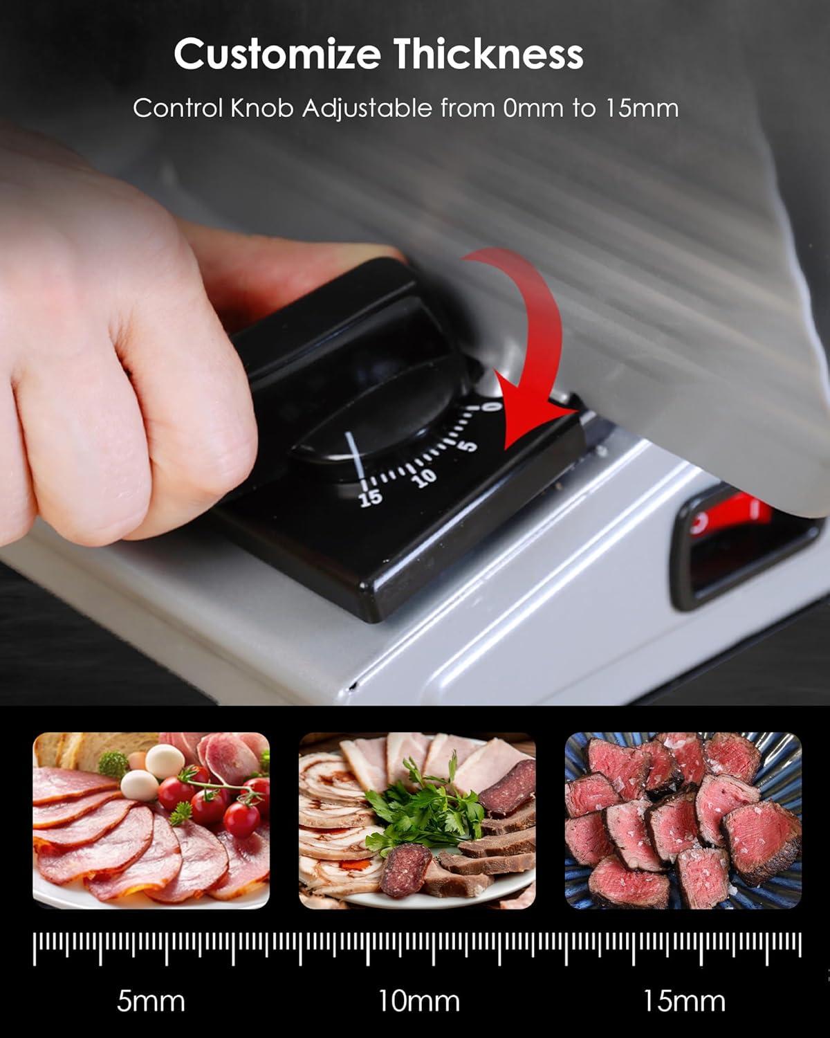 7.5" Electric Meat Slicer Machine for Home, with Stainless Steel Blade, 180 W, Adjustable Thickness, Easy to Clean, Food Slicer, Cuts Meat, Bread, Cheese and Deli, Sliver