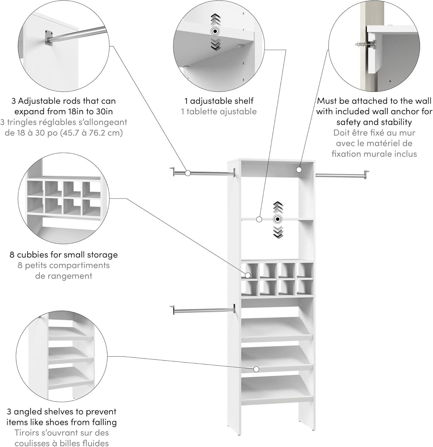 Bestar Carina 24W Closet Organizer With Shoe Shelves, Clothing Rods And Cubbies