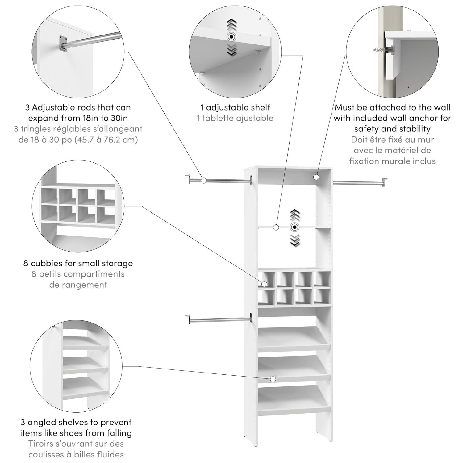 Bestar Carina 24W Closet Organizer With Shoe Shelves, Clothing Rods And Cubbies