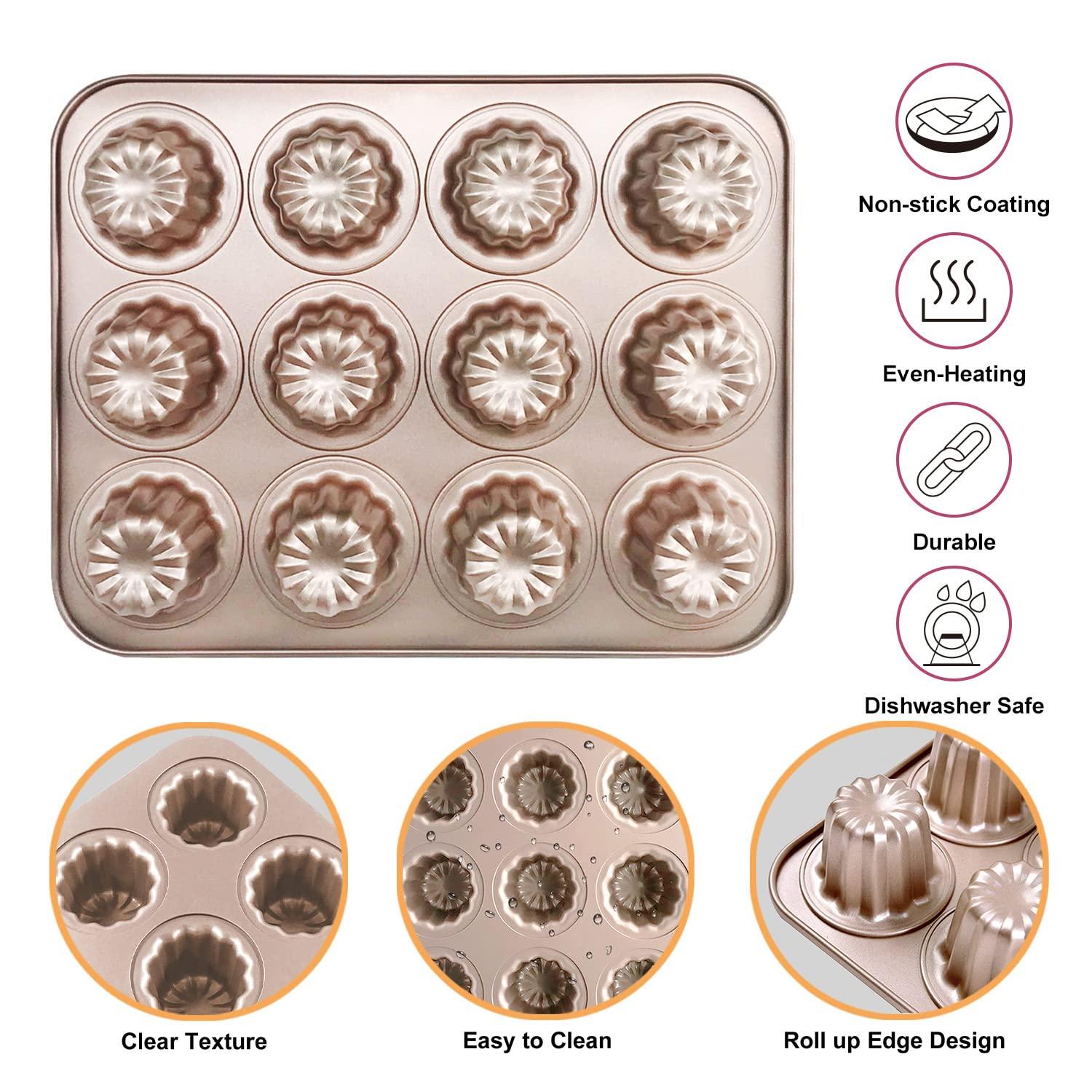 Cannele Mold Nonstick Muffin Cupcake Pan Carbon Steel Canele Cake Baking Tray French Pastry Mould 12 Cups for Making Mini Bread Cheesecake Dessert