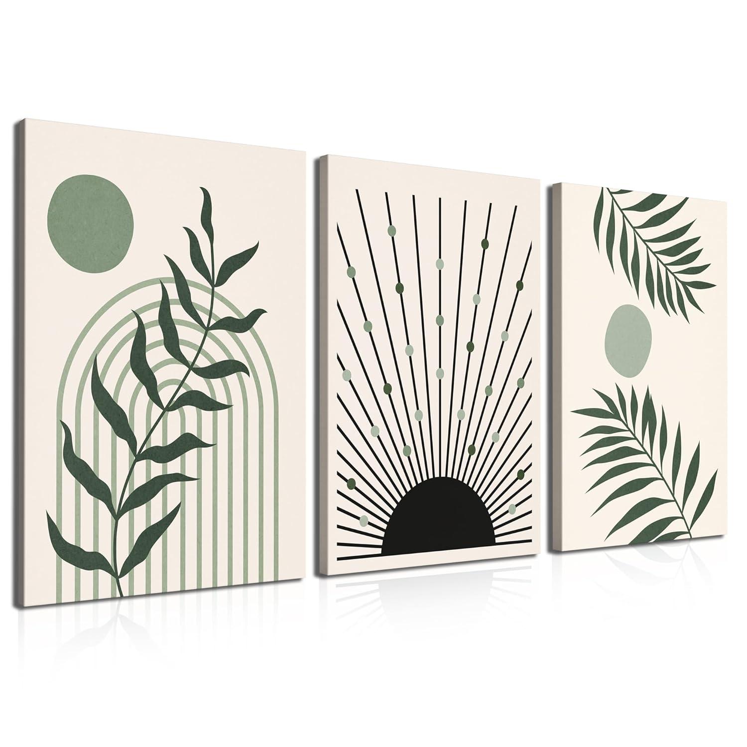 Boho Wall Art, Mid Century Modern Wall Art, Set of 3 Framed Canvas Wall Art Prints 12"x16" Abstract Geometric Neutral Sage Green Boho Artwork Wall Decor for Bedroom Living Room Bathroom