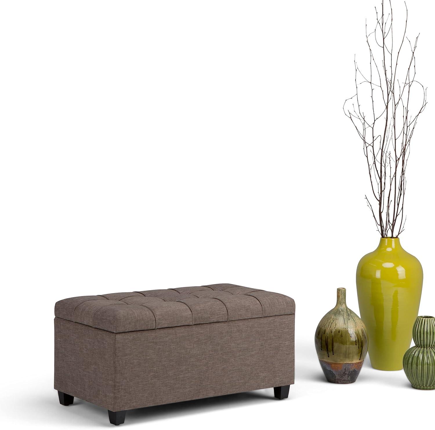 Simpli Home Sienna 34" Transitional Rectangle Ottoman Bench in Fawn Brown Linen Look Fabric