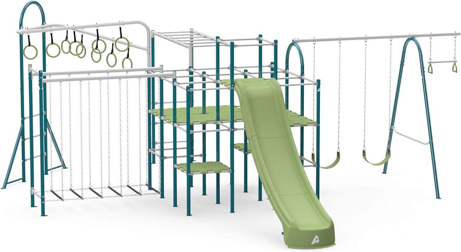 Modular Green and White Metal Jungle Gym with Slide and Swings