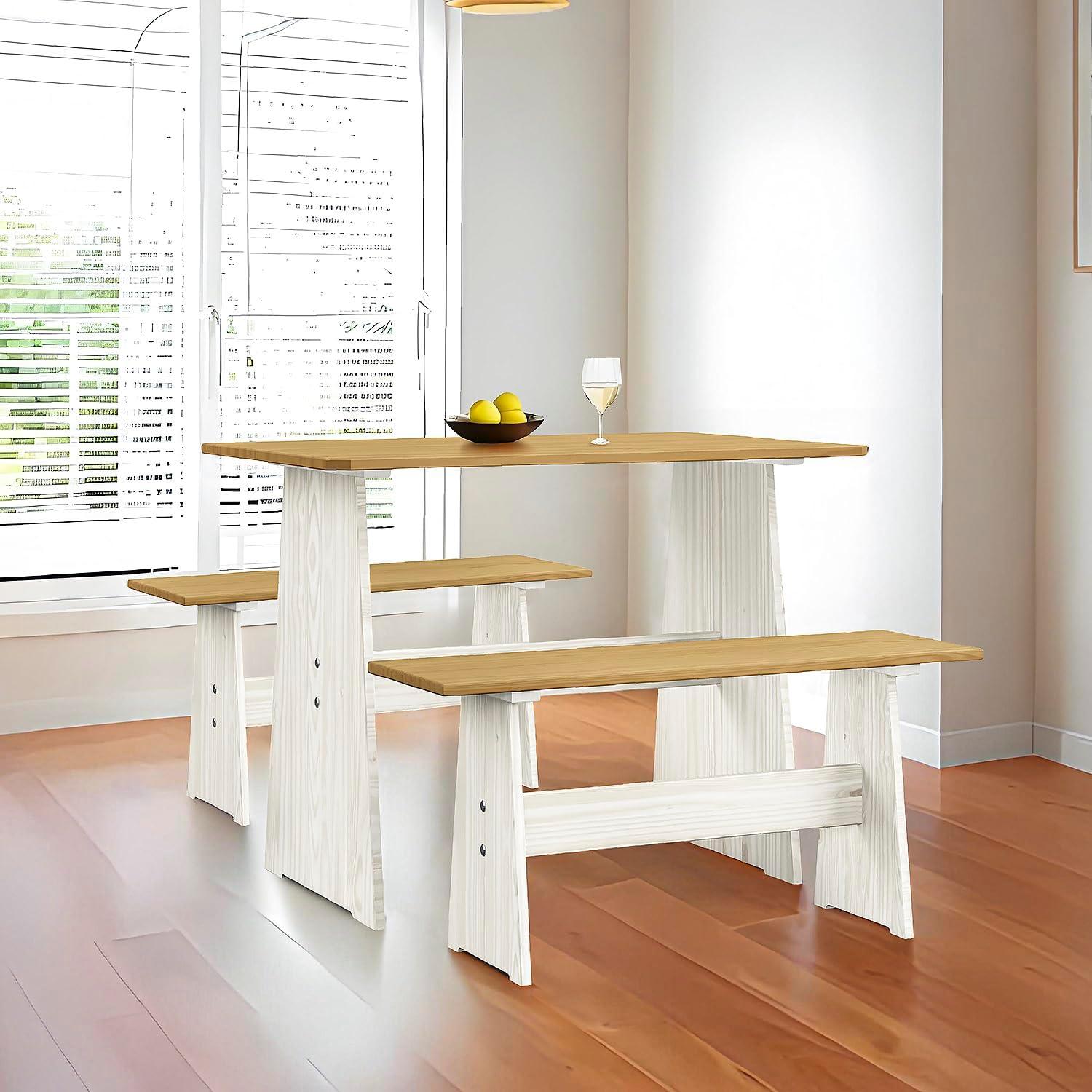 Urban Home Furniture Chapman 3 Piece Casual Dining 2-Tone Natural/White Solid Pine Wood Kitchen Table Set with 2 Benches, Kitchen Dining Set
