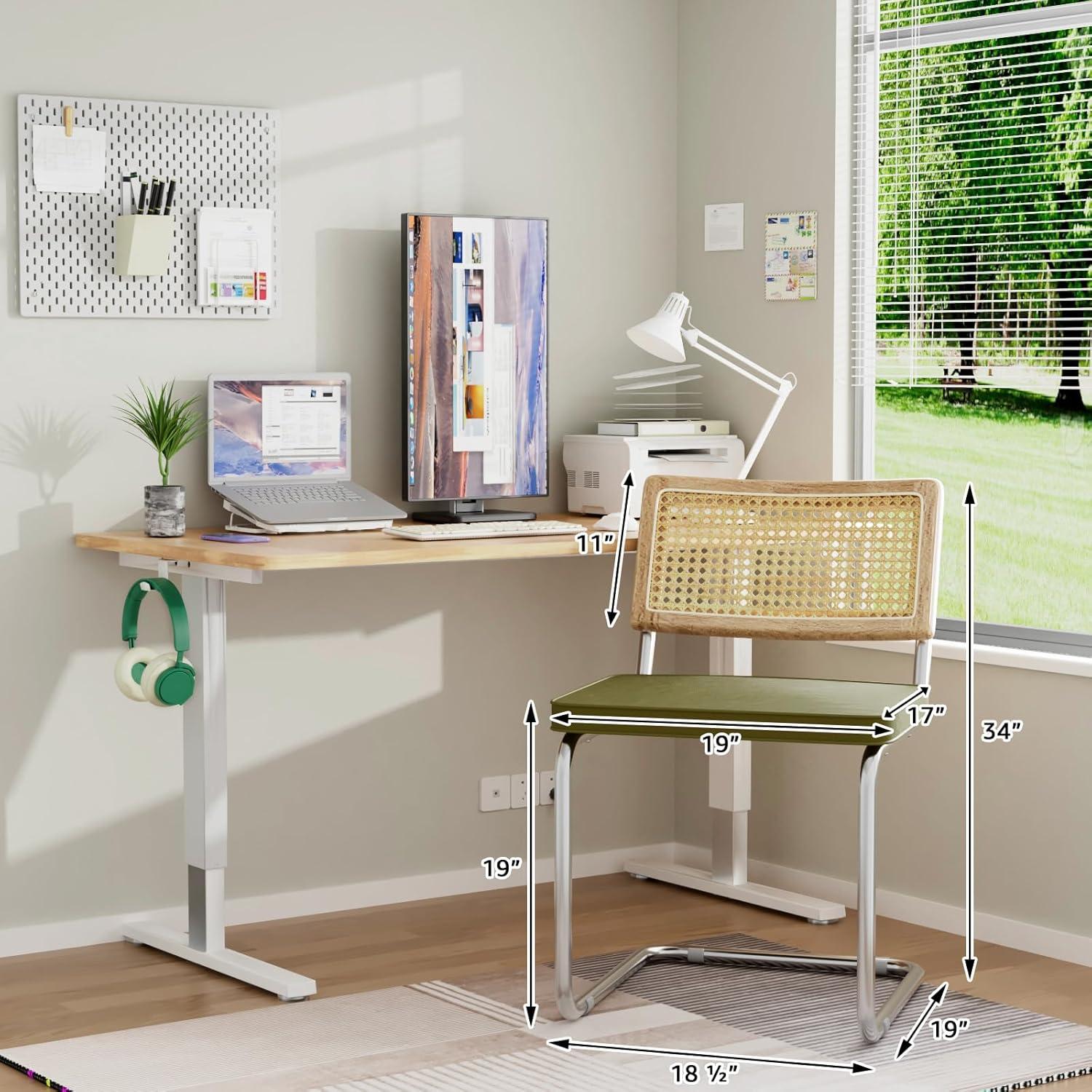 Set of 2, -Century Modern Rattan Backrest Dining Chair - Natural Wood Upholstered Seat with Metal Legs for Home Dining Room Kitchen - Olive Green