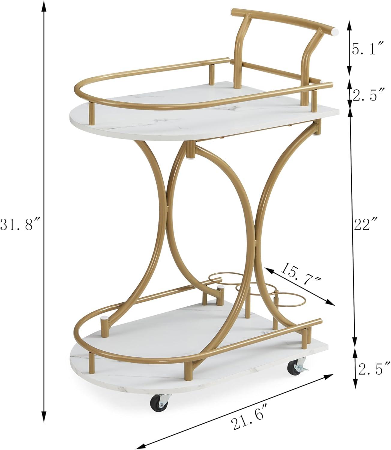 Gold and White Metal Kitchen Cart with Wine Rack and Storage