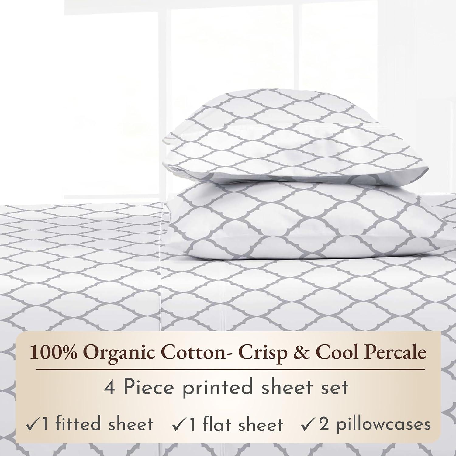 California Design Den 4-Piece Printed Full Sheets Set - 100% Organic Cotton Percale, Deep Pocket, - Quatrefoil Grey