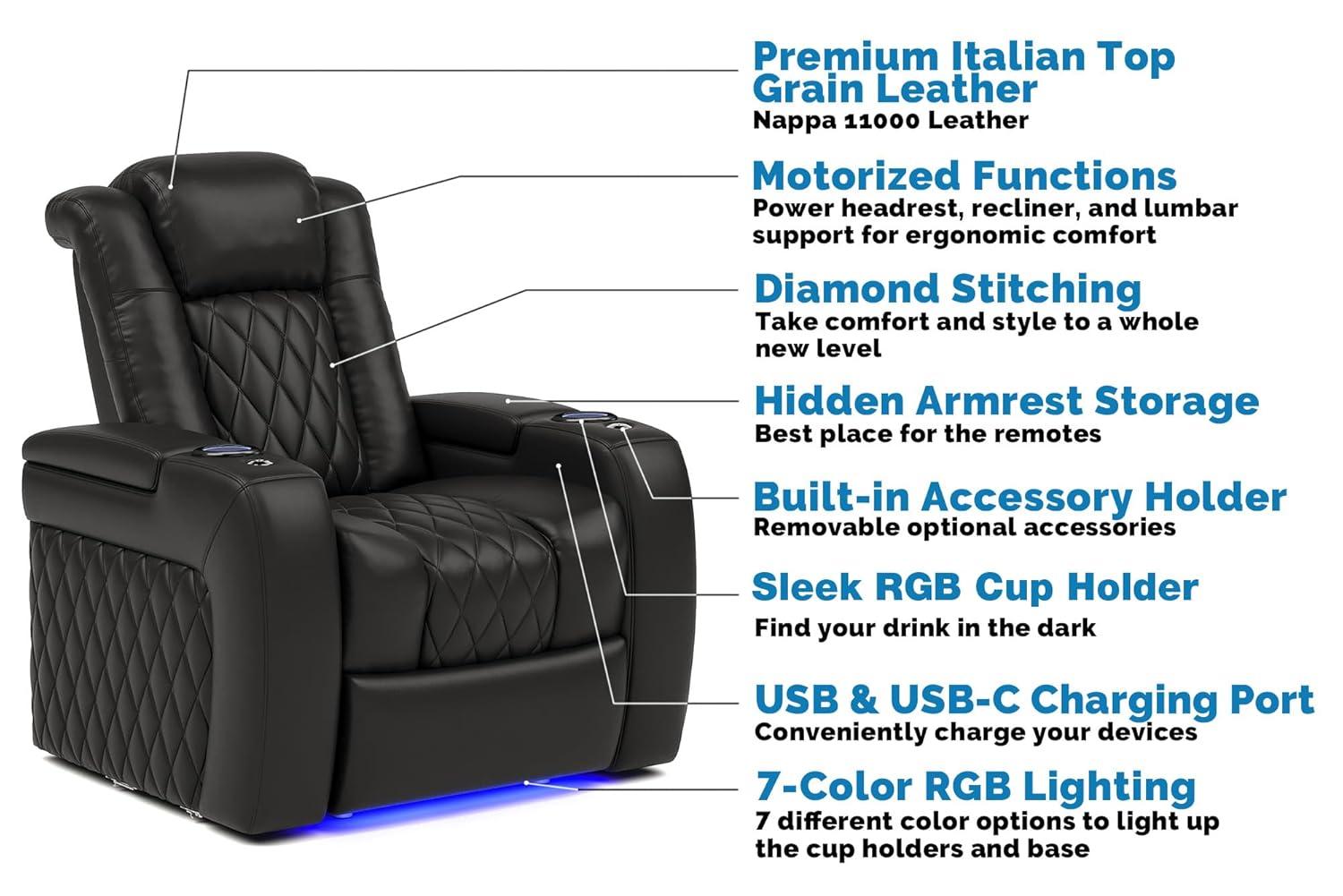 Valencia Tuscany Home Theater Seat - Nappa Leather Power Recliner with Cool Gel Memory Foam, USB-C/USB-A Charging, RGB LED Lights, Adjustable Lumbar & Headrest (Row of 2, Black)