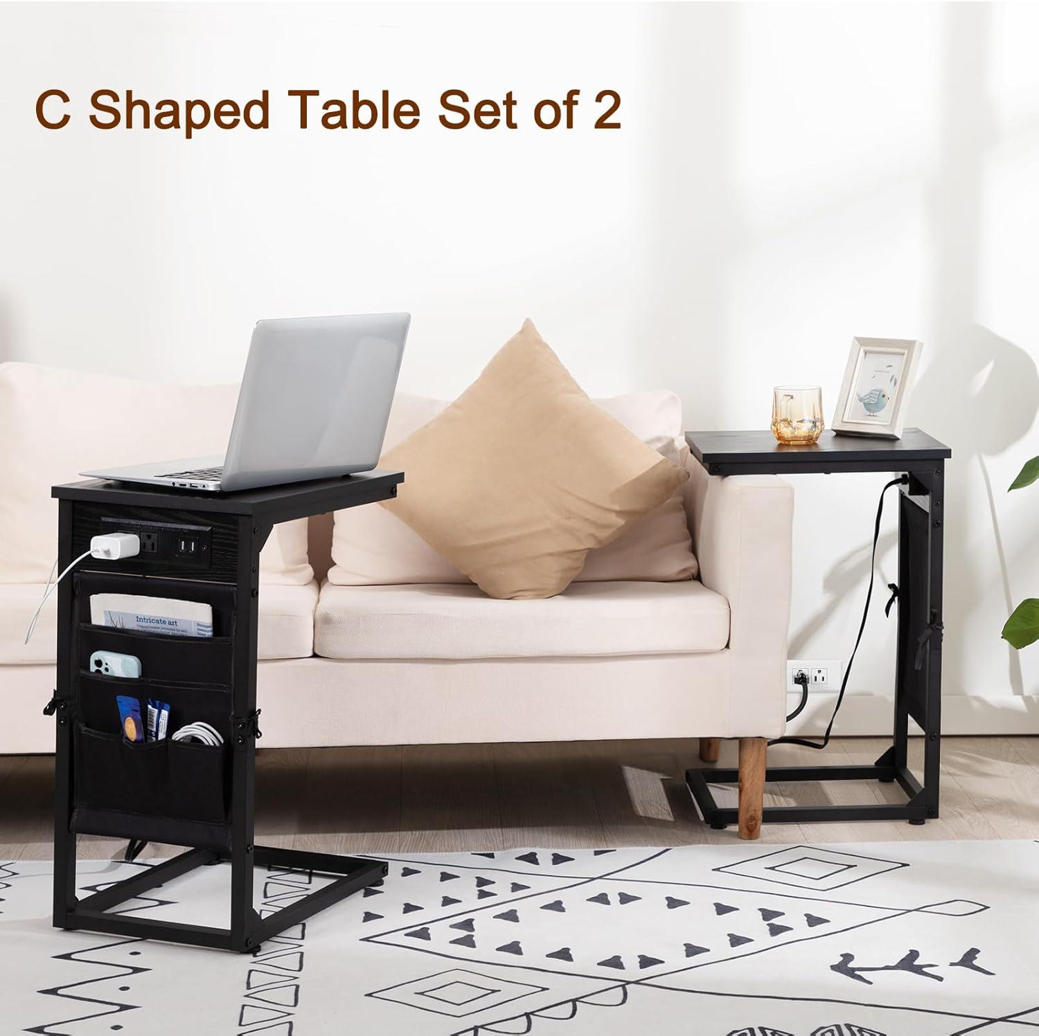 C Shaped End Table with Charging Station, Side Table for Sofa, Couch Table with Storage Bag, Set of 2, TV Tray Table with 2 USB Ports and Outlets for Living Room, Bedroom, Black