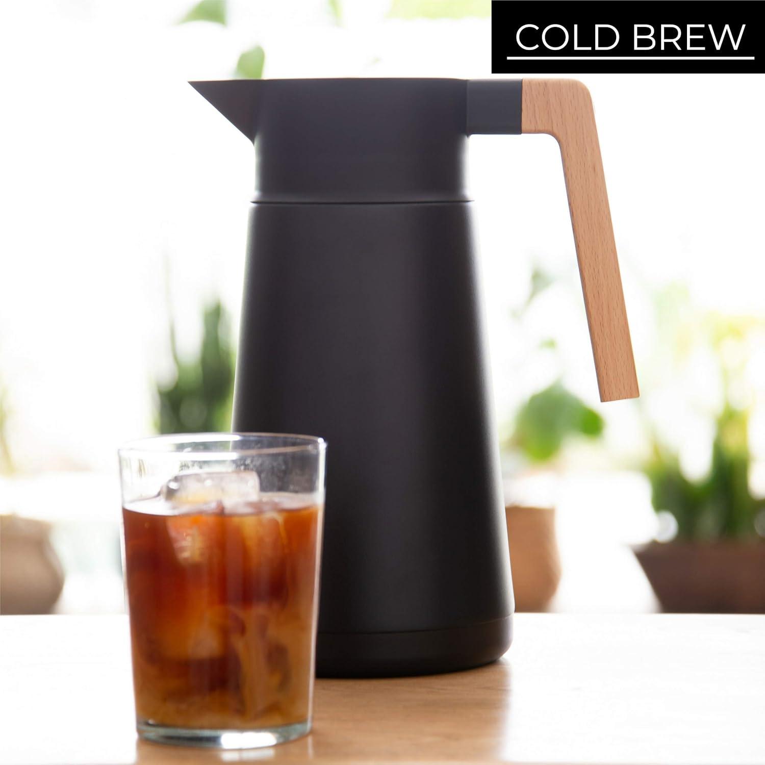 Black Stainless Steel Thermal Coffee Carafe with Wooden Handle