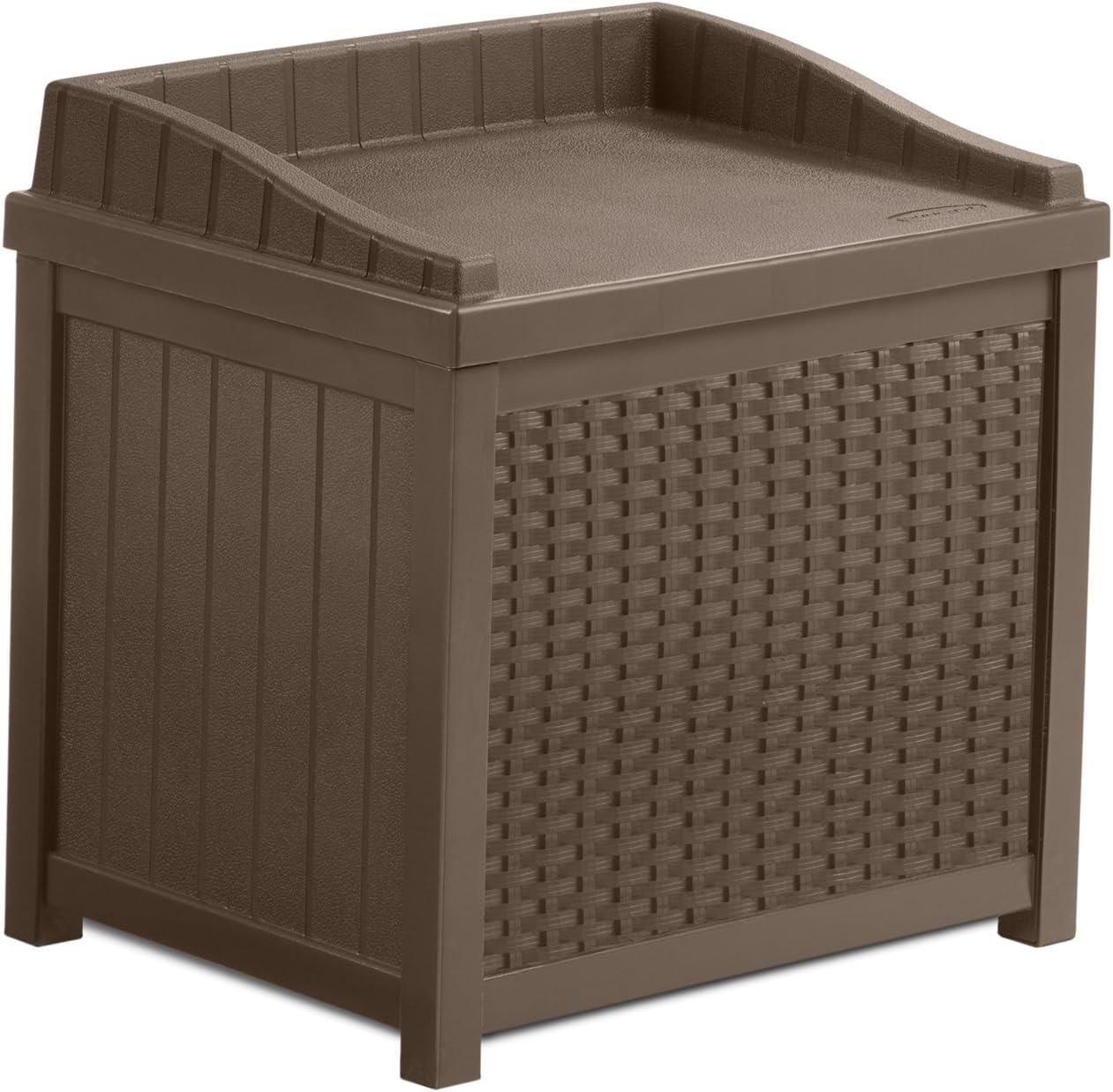 Mocha Wicker 22-Gallon Deck Box: Lightweight Resin Storage Container and Seat for Patio, Garage, Yard