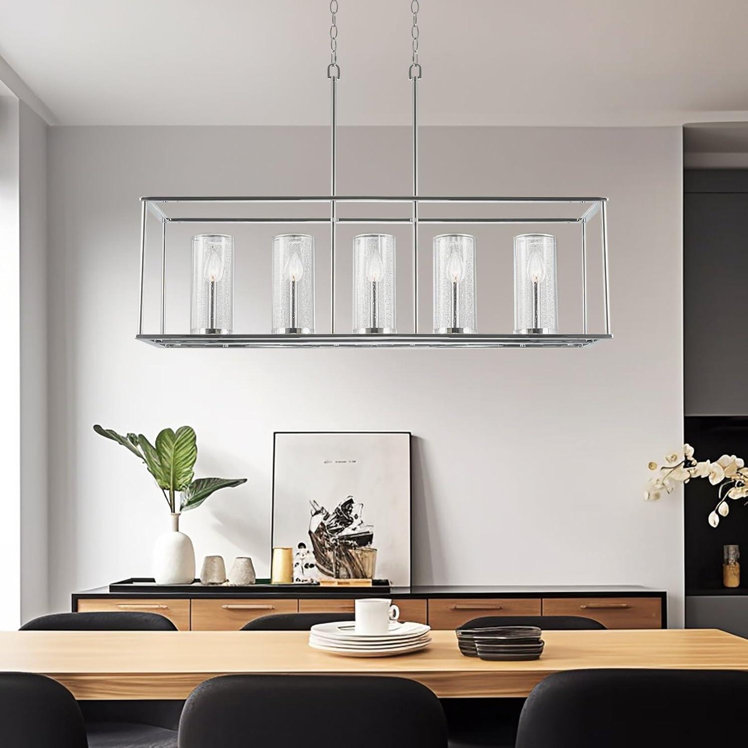 Kira Home Keller 41" 5-Light Modern Island Light + Seeded Cylinder Glass Shades, Adjustable Hanging Height, Chrome