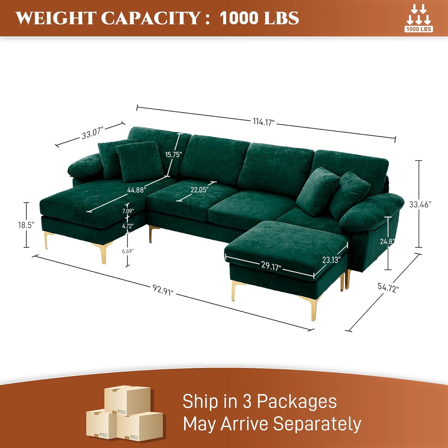 Ouyessir U-Shaped Sectional Sofa, 4 Seat Sofa Set for Living Room, 114 inches Convertible L-Shaped Velvet Couch Set with Chaise Lounge, Ottoman and Pillows