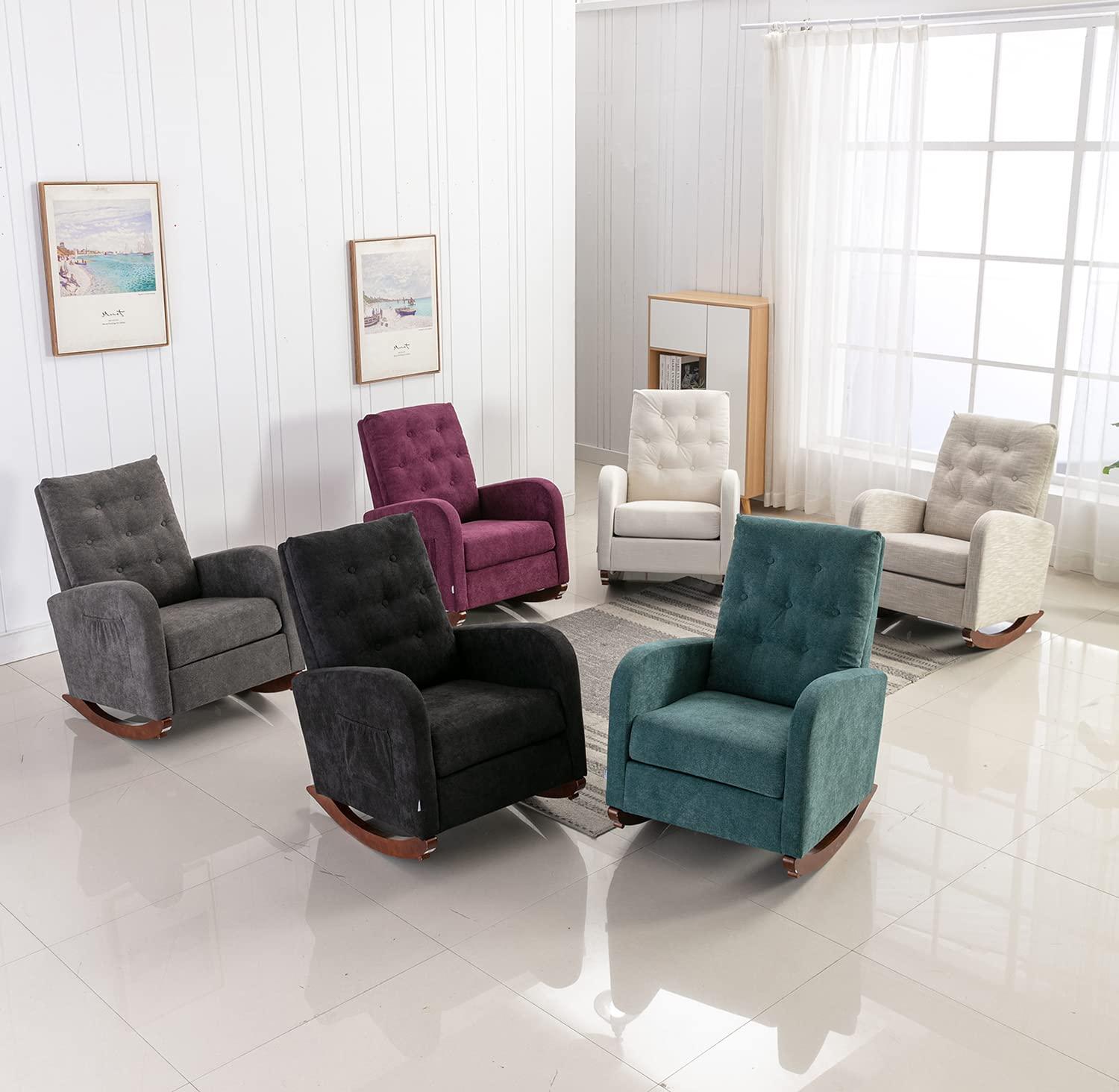 Antetek Modern Accent Rocking Chair, Upholstered Nursery Glider Rocker, Comfy Armchair with Side Pocket, Living Room Lounge Arm Chair, High Backrest with Decorative Buttons, Dark Grey