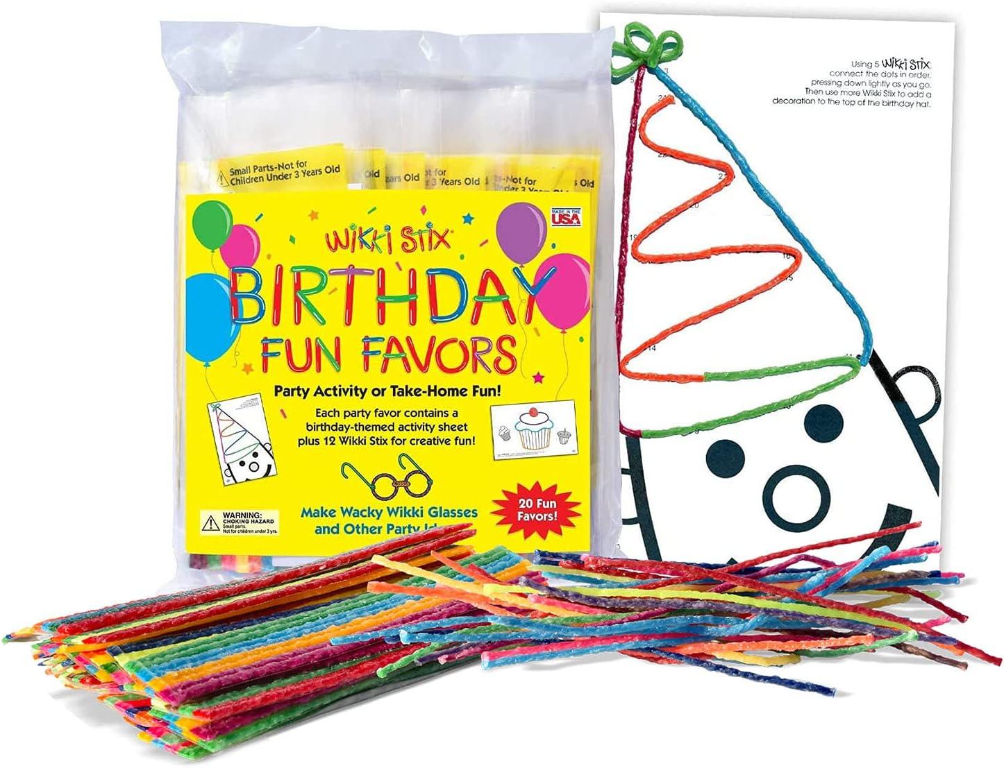 Wikki Stix Birthday Fun Favors, pack of 20 individual fun favors, each with 12 Wikki Stix and a birthday themed play sheet, Made in the USA