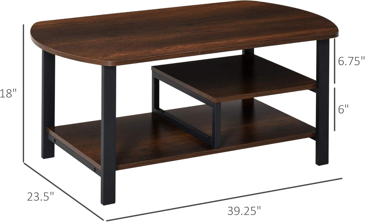 HomCom Vintage Industrial Coffee Table with Under-Top Storage Shelves and Rounded corners, Dark Wood Color