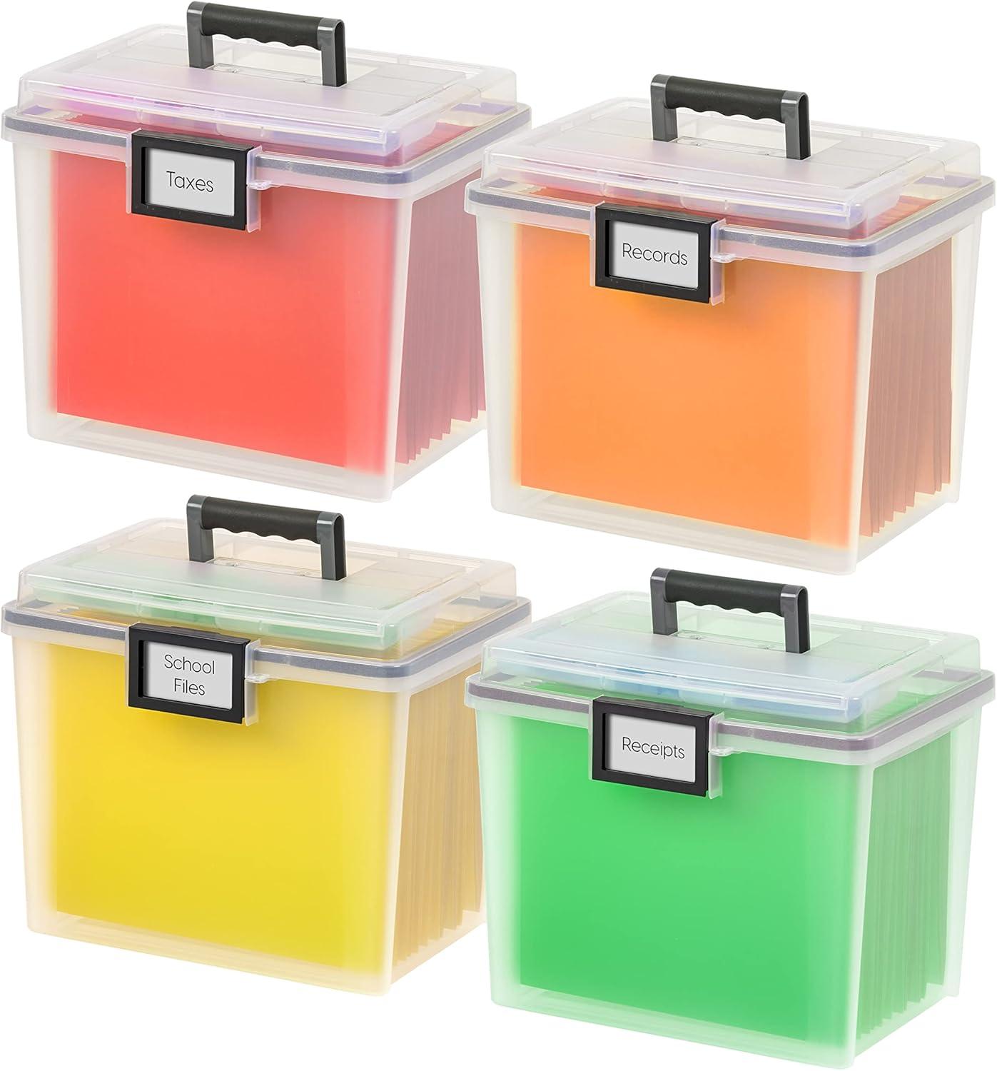 IRIS USA File Box WeatherPro Portable File Organizer Plastic File Box for Letter File w/ Organizer-Lid, Clear 19 Qt. 4 Pack