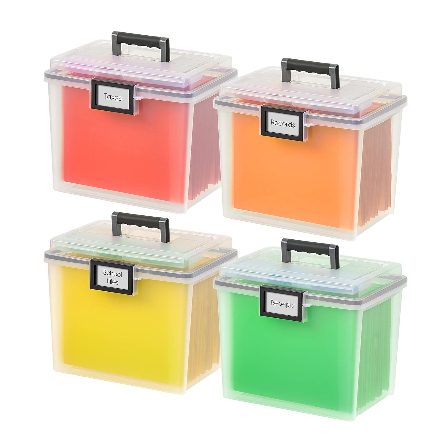 IRIS USA File Box WeatherPro Portable File Organizer Plastic File Box for Letter File w/ Organizer-Lid, Clear 19 Qt. 4 Pack