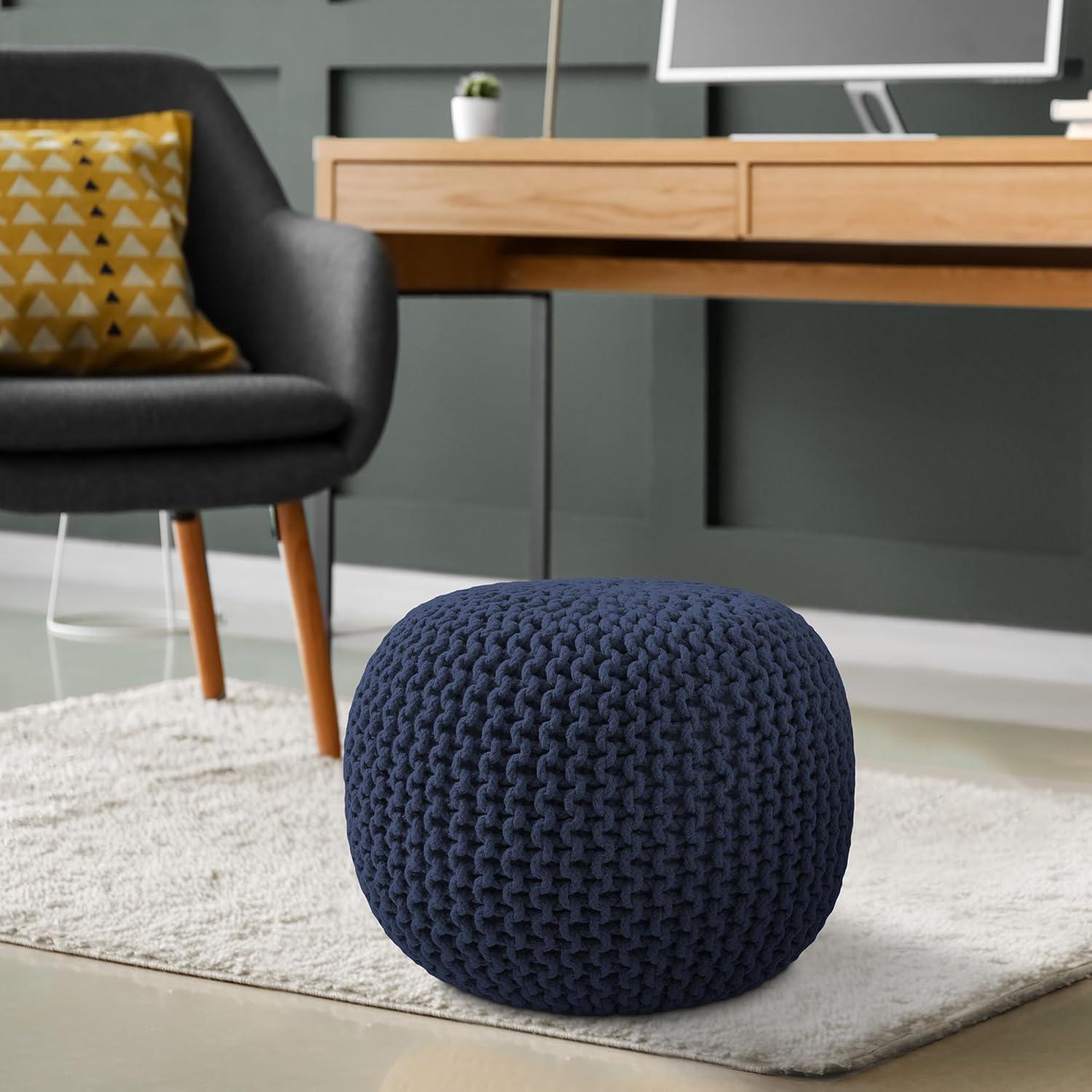 Casafield Round Pouf Ottoman, Navy Blue - 20" Dia x 14.5" High Cotton Knit Foot Stool - Boho Floor Pouffe for Living Room