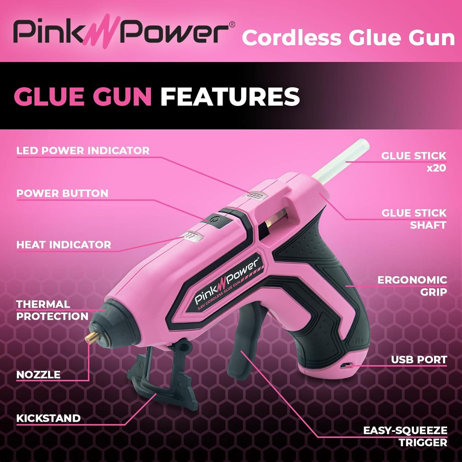 Pink Power Cordless Mini Hot Glue Gun with Stand - USB Rechargeable Wireless Hot Melt Glue Gun Kit with 20 Glue Sticks - Battery Operated Cordless Glue Gun for Crafts - Portable Pink Hot Glue Gun