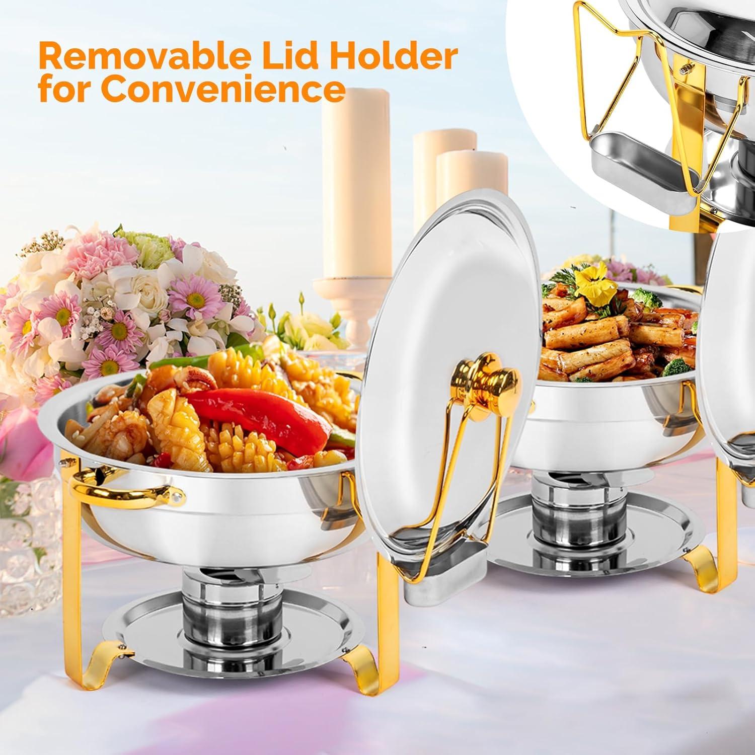 ROVSUN Gold Chafing Dishes for Buffet, 5 Qt 4 Pack Round Stainless Steel Chafing Dish Set with Lid Holder, Buffet Warmer Set for Parties, Christmas Gatherings, Catering Events, Weddings