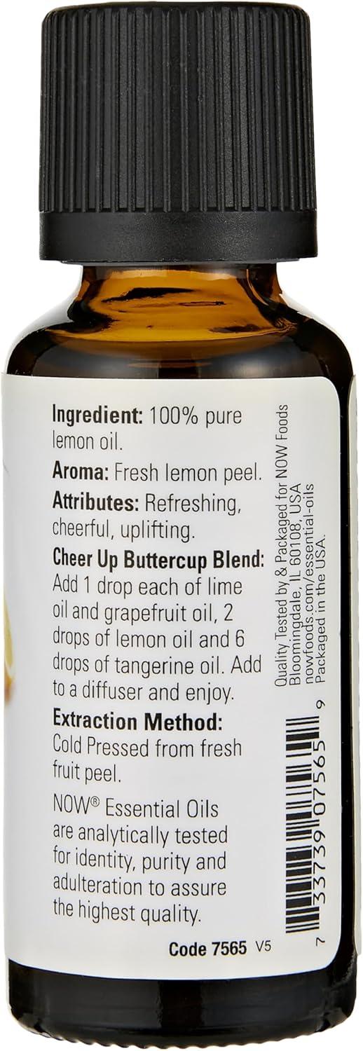 NOW Essential Oils, Lemon Oil, Cheerful Aromatherapy Scent, Cold Pressed, 100% Pure, Vegan, Child Resistant Cap, 1-Ounce