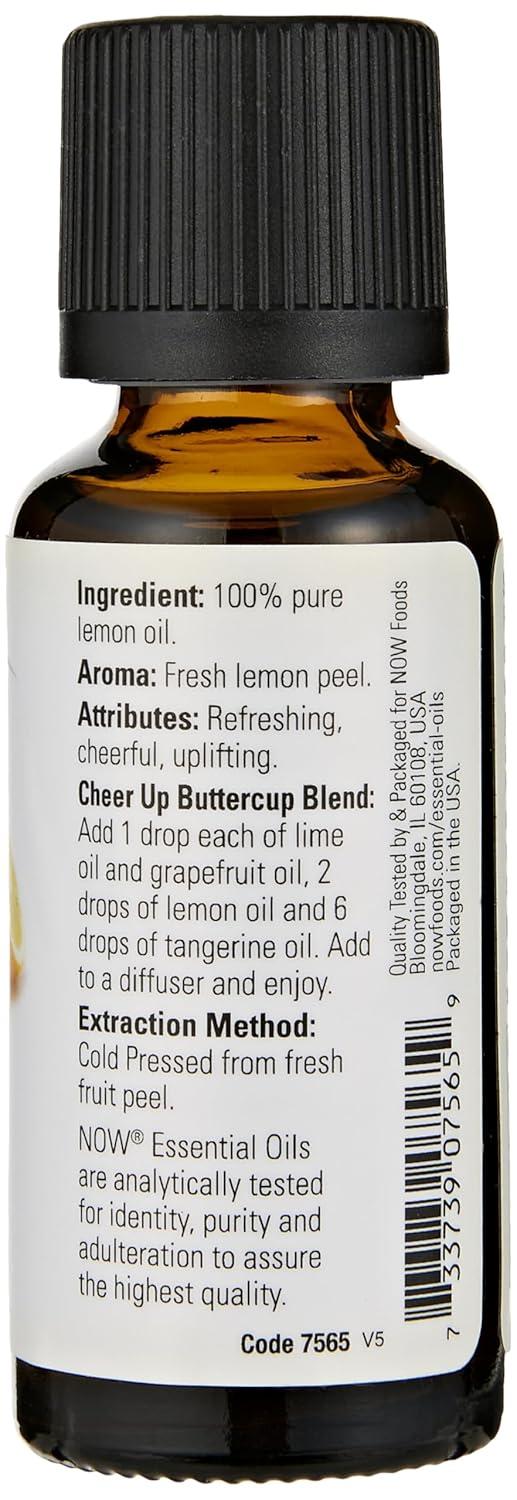 NOW Essential Oils, Lemon Oil, Cheerful Aromatherapy Scent, Cold Pressed, 100% Pure, Vegan, Child Resistant Cap, 1-Ounce