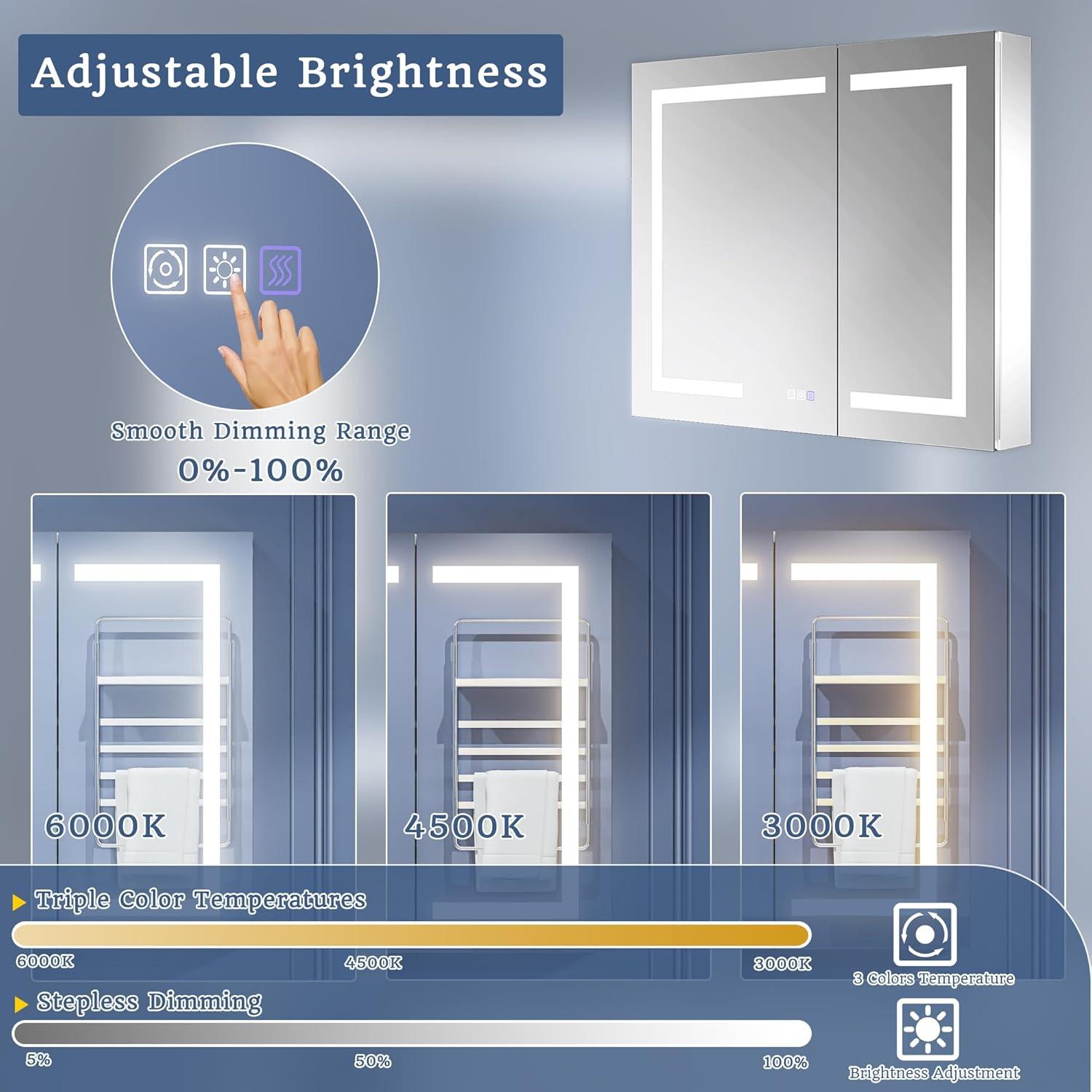 ExBrite Lighted Medicine Cabinet 36x30 Inch,Recessed or Surface led Medicine Cabinet, Three Glass Shelves,Defog,Stepless Dimming,Medicine Cabinet with Lights 3-Color Temper Change, Outlets & USBs