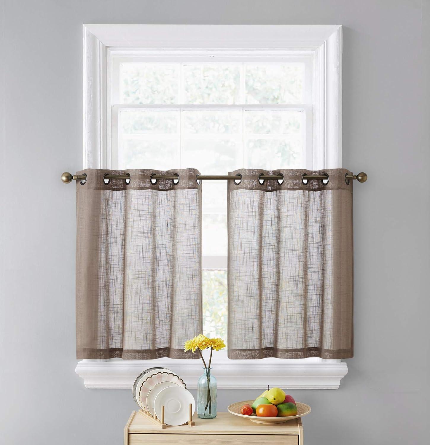 THD Serena Faux Linen Textured Semi Sheer Light Filtering Grommet Short Thick Cafe Curtain Tiers, Pair