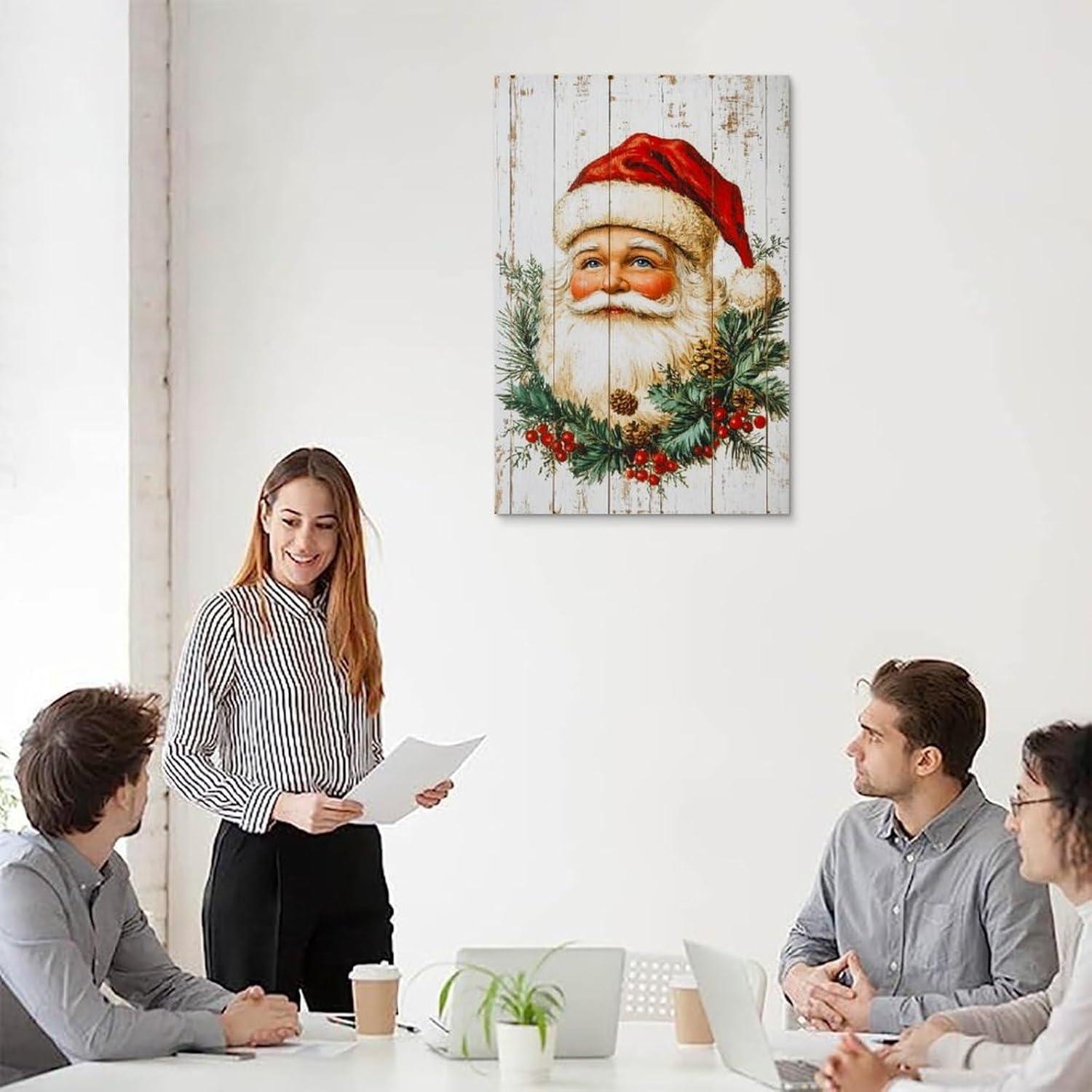 Reccmeny Vintage Christmas Canvas Wall Art, Santa Claus Pictures for Wall Decor, Xmas Poster Santa white Wooden Texture Picture, Holiday Wall Decorations Gifts