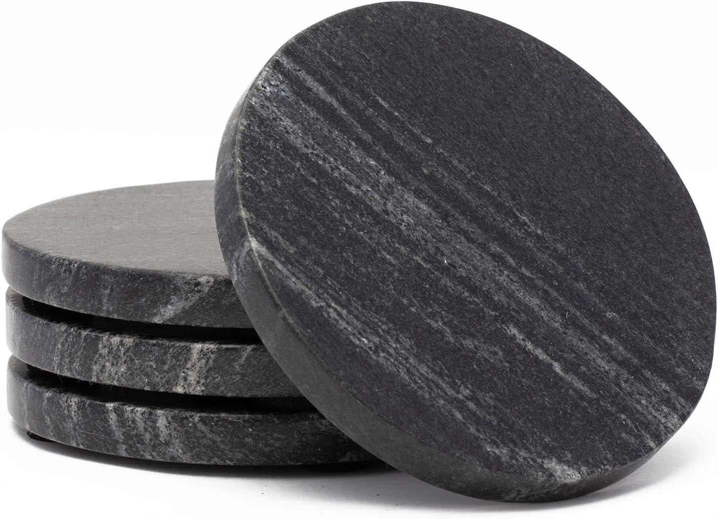 Elegant Black Marble Round Coaster Set, 4-Pack, 4" Diameter